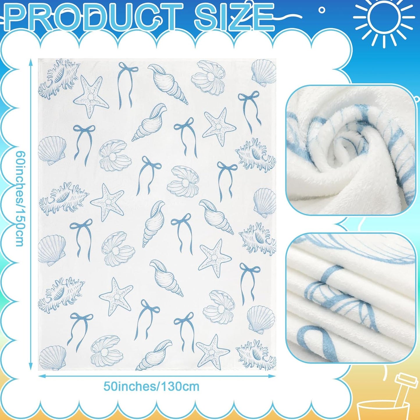 Blue Coastal Beach Throw Blanket Coquette Ocean Scallop Shell Home Decor Gift 50"x60" Soft Flannel Coastal Blanket Sea Preppy Stuff Summer Room Decor for Bedroom Sofa Couch Travel(Coquette)
