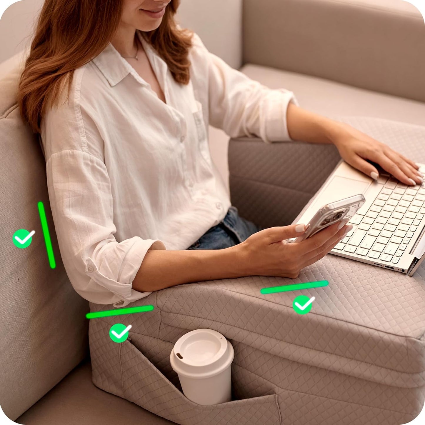 Reading Pillow for Gaming & Laptop (Includes 2 Washable Pillowcases) – 24″ Laptop Pillow for Bed, Couch, Steam Deck, Switch, High Density Foam Arm Rests, Pockets, Ergonomic Back Support
