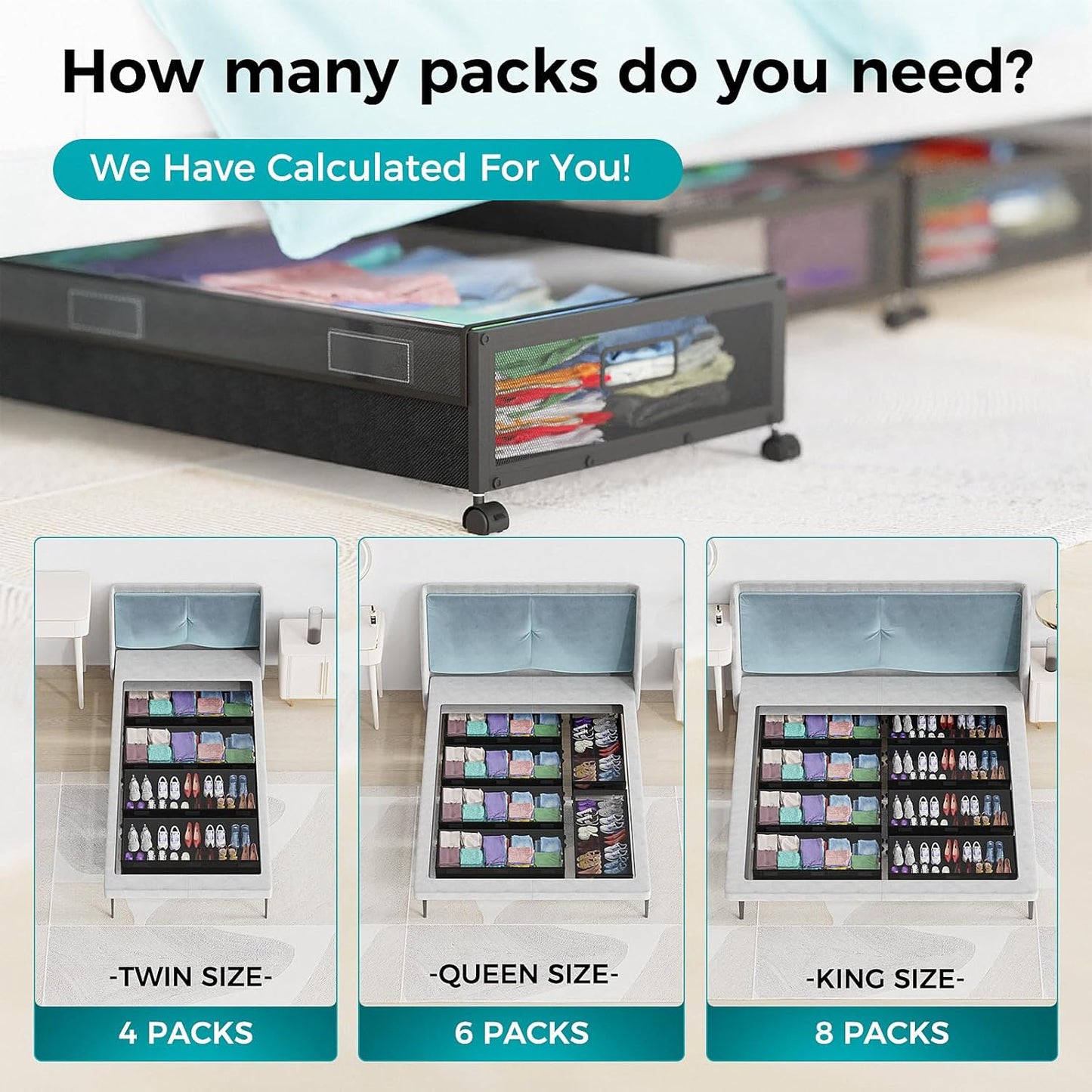 oylik Large Under Bed Storage with Wheels, Metal Under Bed Storage Containers with Clear Lid, Handle, Rolling Under Bed Shoe Storage Drawers, Under Bed Storage Bins for Clothes Shoes Books, 2 Pack