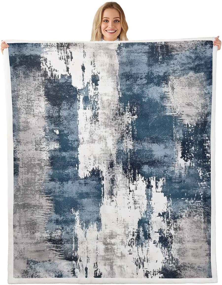 Erosebridal Modern Abstract Fuzzy Throw Blanket Vintage Ombre Art Blankets & Throws 90"x90",Minimalism Blue Grey Grunge Oil Painting Sherpa Fleece Blanket,Watercolor Artwork Rustic Graffiti Decor