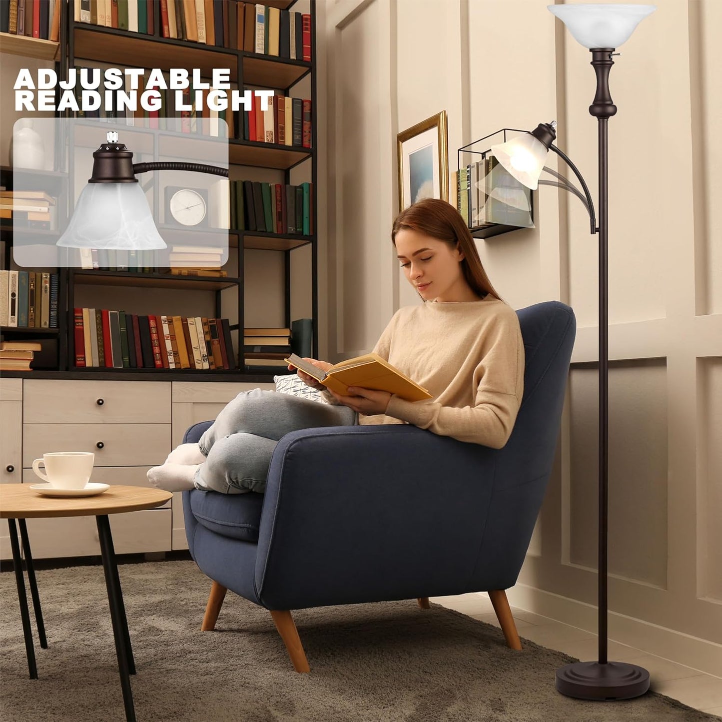71'' Floor Lamps for Living Room, Tall Floor Lamp for Bedroom with Adjustable Angle Arc Reading lamp, Modern Torchiere Standing lamp with Glass Shade, Knob Switch, Bulb Included, Red Brown