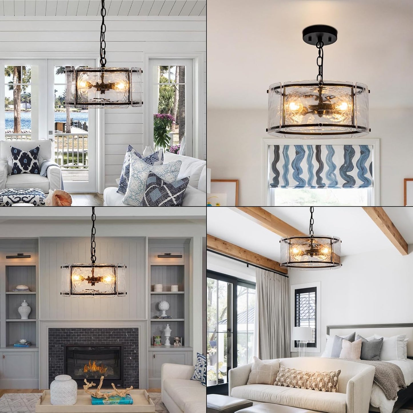 11.8" Black Hanging Pendant Light Fixtures,3 Light Small Drum Glass Dining Room Light Fixtures Over Table with Chain,Chandelier for Foyer,Kitchen Island,Dining Room,Bedroom,Breakfast Nook