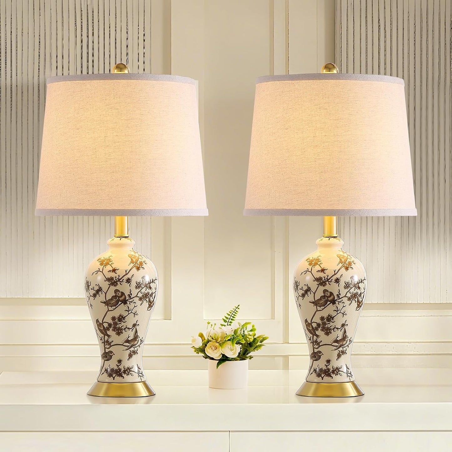 RORIA 24" Chinoiserie Ceramic Small Table Lamps Set of 2 for Living Room, Bird Pattern Branch Traditional Table Lamp for Bedroom Nightstand Entryway, 2 LED Bulbs Included