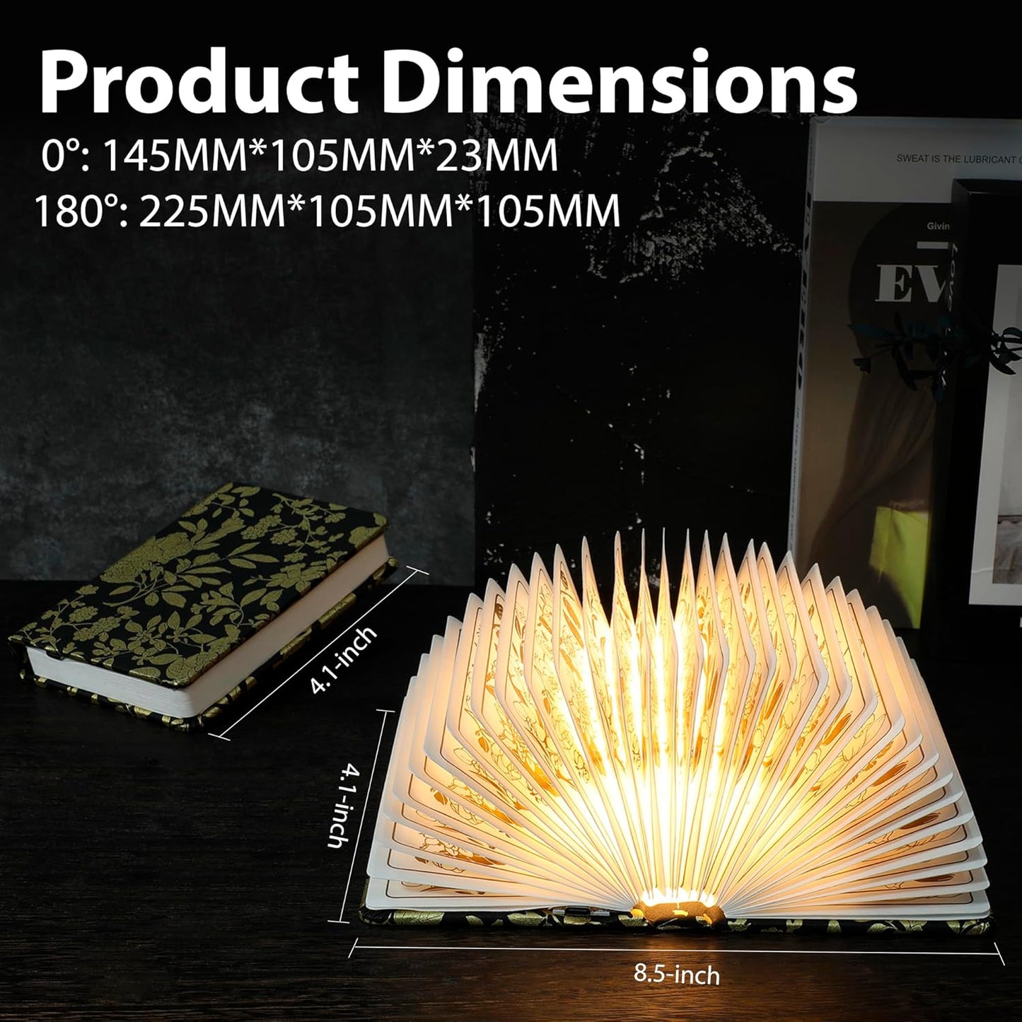 Floral Print Book Light,3-Color Book Lamp Book Lovers Gifts | 1200mAh Portable Foldable Paper Desk Lamp | Night Reading Bookshelf Lamp,Valentine Ambient Lighting Decorations Gifts(Black Gold)