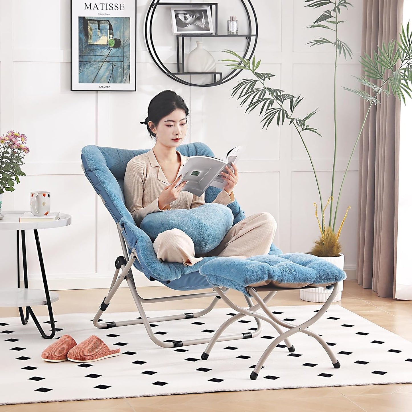 Saucer Chair with Ottoman, Comfy Oversized Folding Chair, Faux-Fur Reading Chair for Teens, Adults, Foldable Accent Lazy Chair, Metal Frame Chair for Living Room, Bedroom, Blue