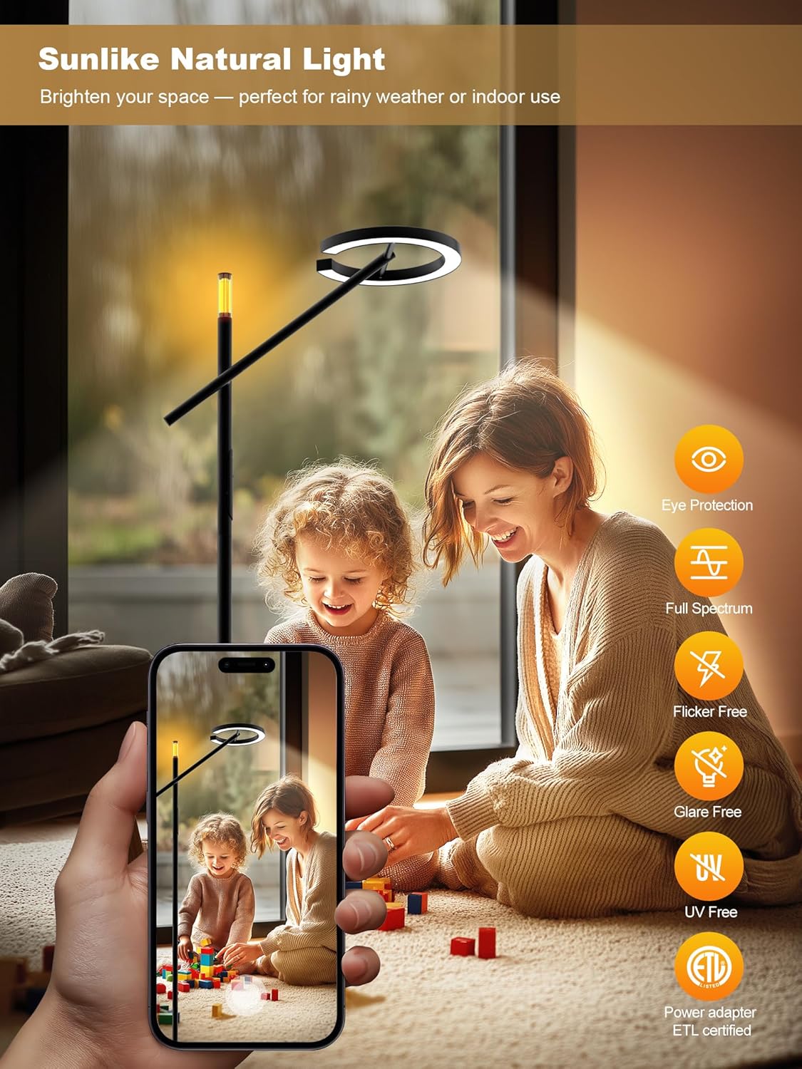 GLOWRIUM Smart Light Therapy Lamp, 10000 Lux UV-Free Sun Lamp, 2700-6500K Floor Lamp Therapy Light, Stepless Dimmable Energy Sunlight with App & Remote, Timer, Cozy Light Settings for Winding Down