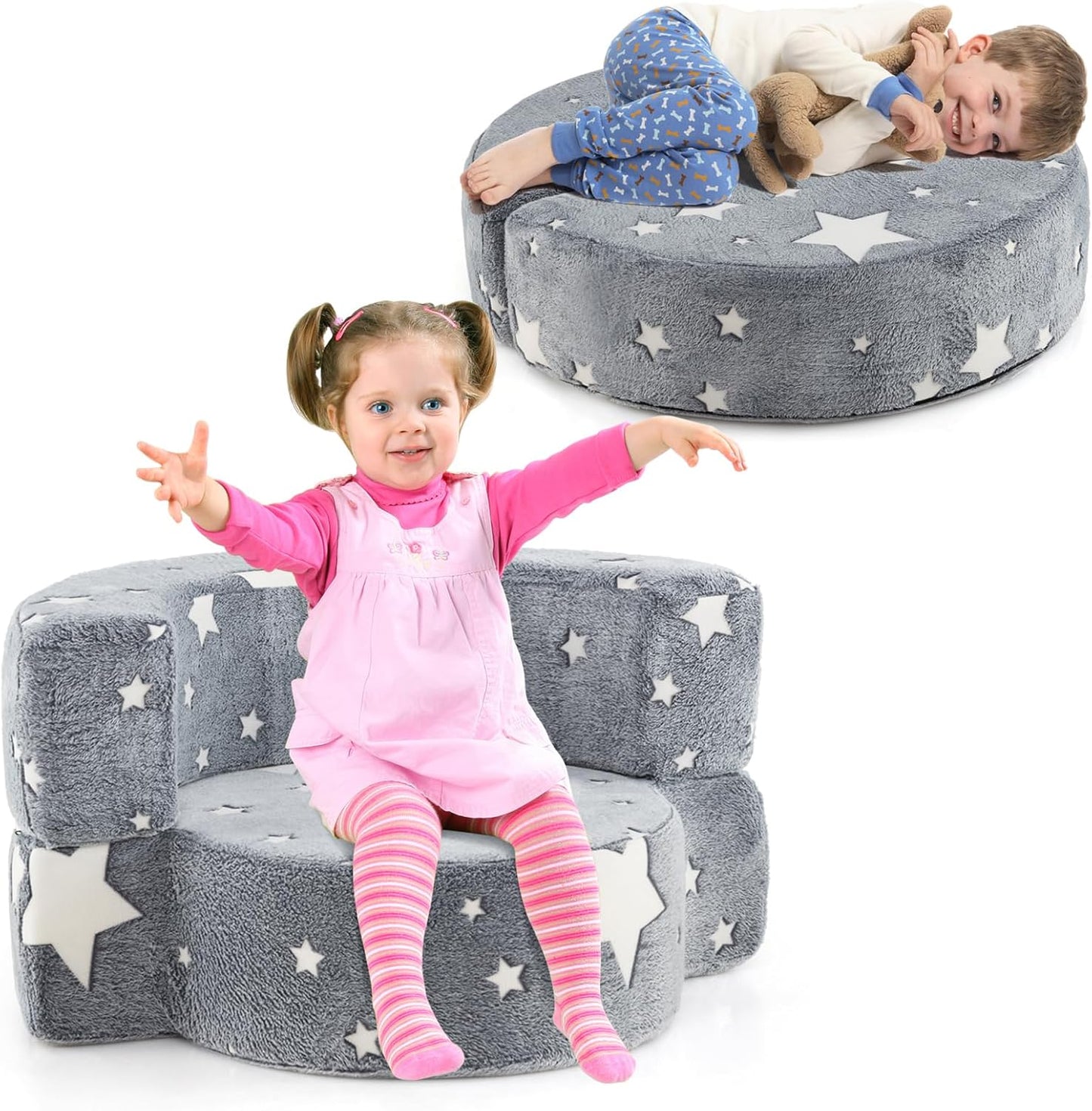 Costzon Kids Couch, 2 in 1 Convertible Toddler Reading Chair Sofa Glow in The Dark with 8-inch Sitting Cushion, Flannel Cover, Lightweight Children Plush Sofa Chair for Boys Girls Gifts