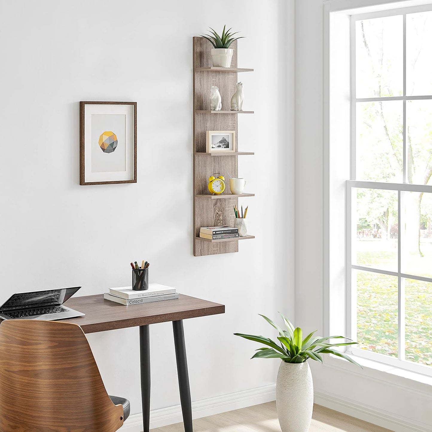 Danya B. Narrow Decorative Wall Mount Vertical Shelving Unit – Modern Column with 5 Shelves Home or Office for Books, Décor Display (Oak)