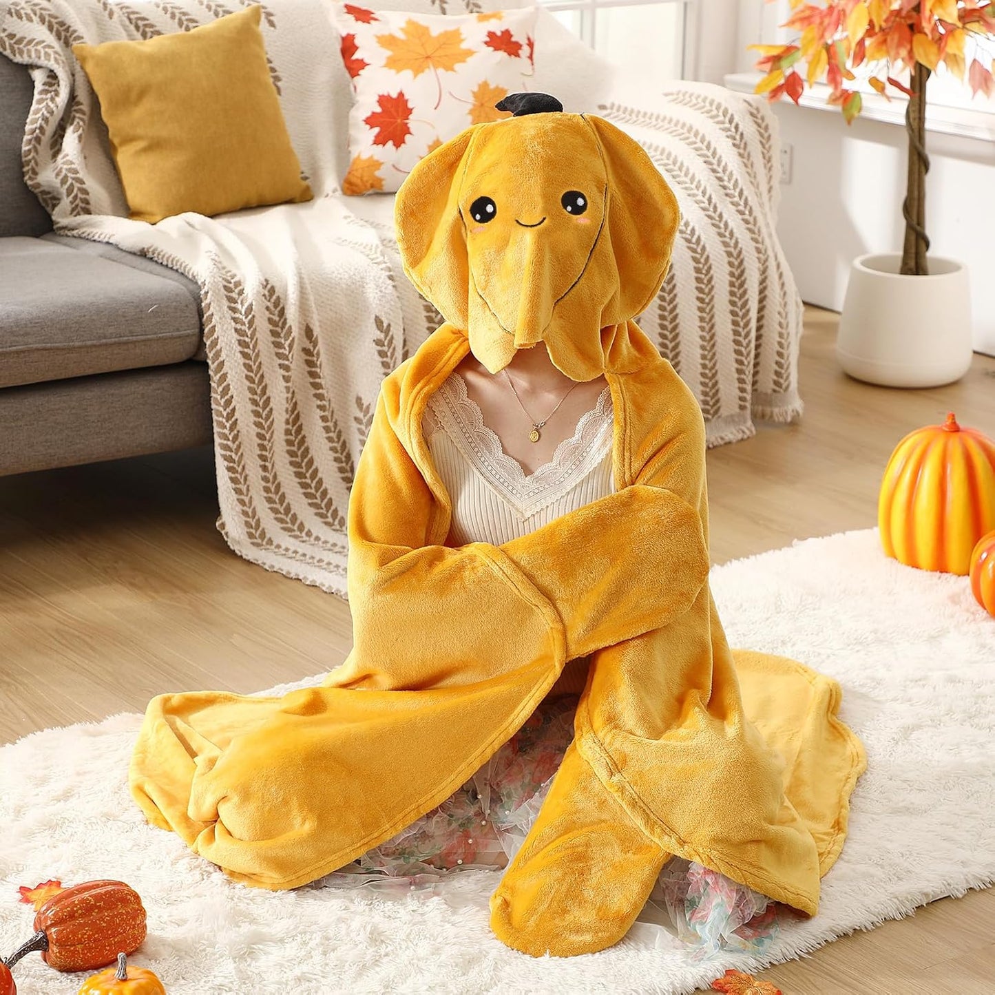 Peryiter Thanksgiving Wearable Blanket Pumpkin Hoodie Adults Friendsgiving Party Gift Oversize Flannel Wrap Throw for Women