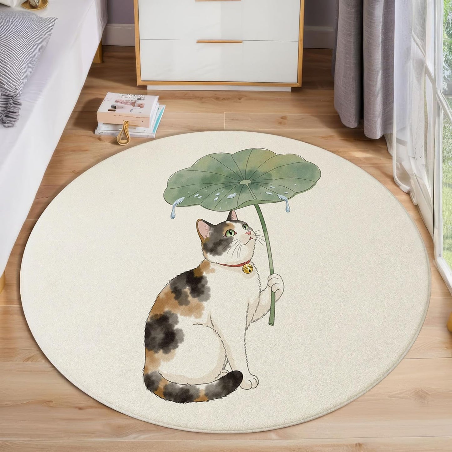 Watercolor Lotus Leaf Cat Round Rugs 3Ft, Chinese Animal Round Living Room Area Rug, Washable Large Soft Circle Rug for Bedroom, Non Slip Ultra Thin Floor Carpet for Dining Room, Cream Color
