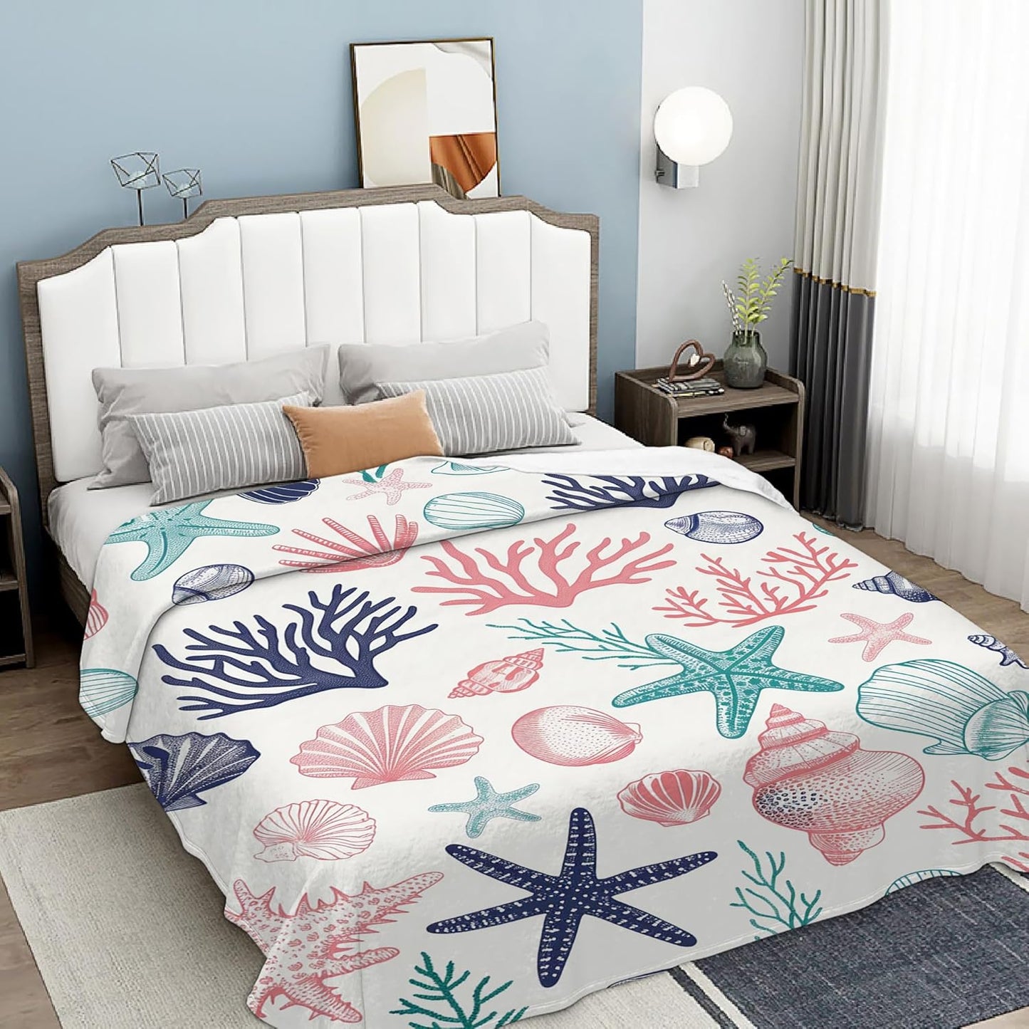 Ocean Shell and Starfish Throw Blanket, Summer Blanket Throw for Adults, Lightweight Soft Cozy Blanket for Couch Sofa Bed Room Decor 50x60 Inches