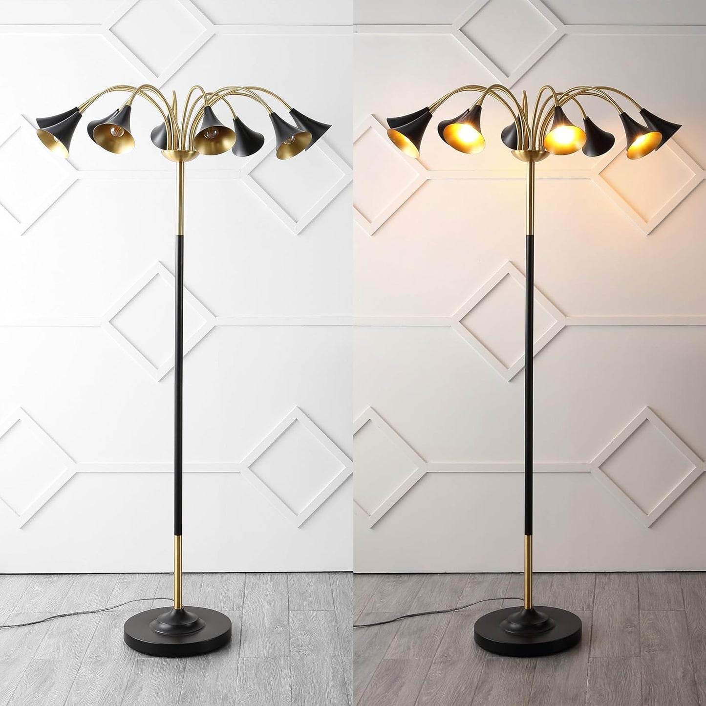 JONATHAN Y 61" Brass Gold/Black 10-Light Mid-Century Modern Floor Lamp, Medusa Multi Head Standing Lamp with Metal Shades for Living Room, Foot Switch, 10 LED Bulbs (JYL3096B)