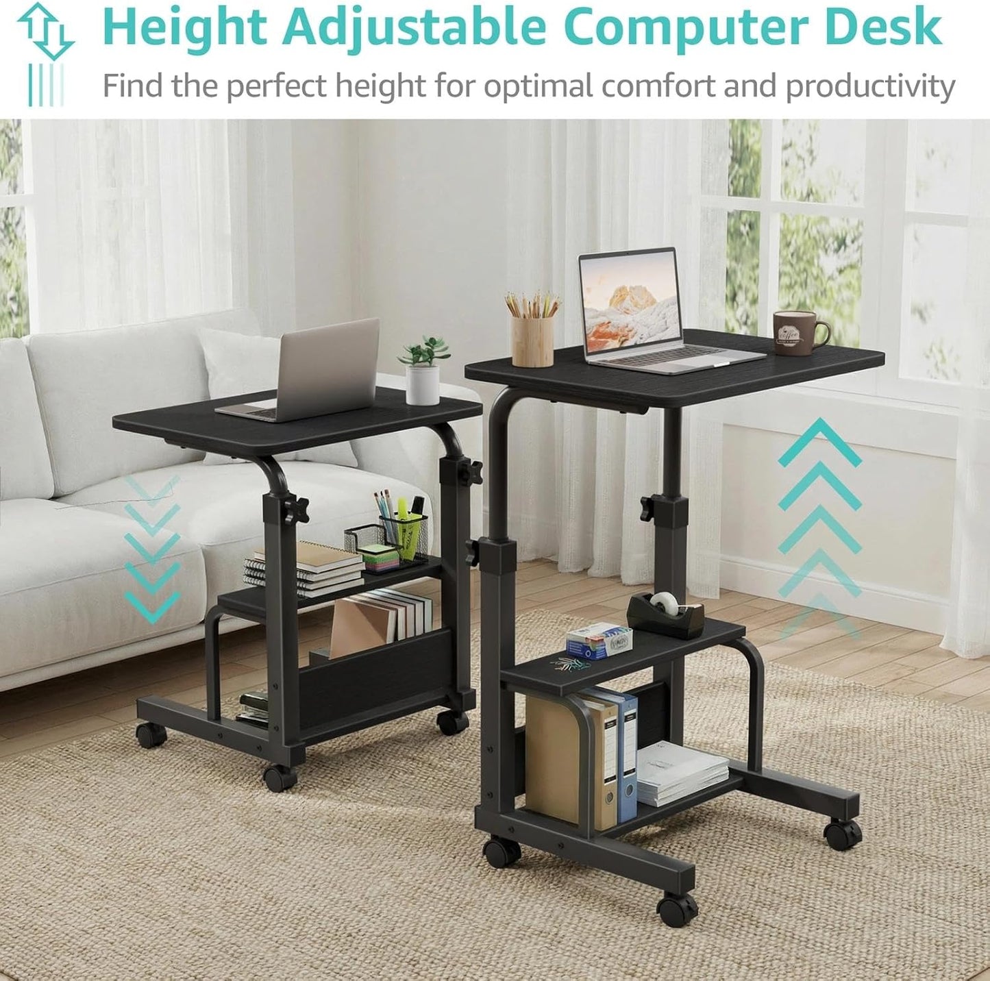 Small Rolling Desk for Small Spaces - 24" Portable Standing Desk with Wheels, Height Adjustable C Shaped Side Table Mobile Laptop Desks with 2-Tier Storage Shelves for Bed Sofa, Black