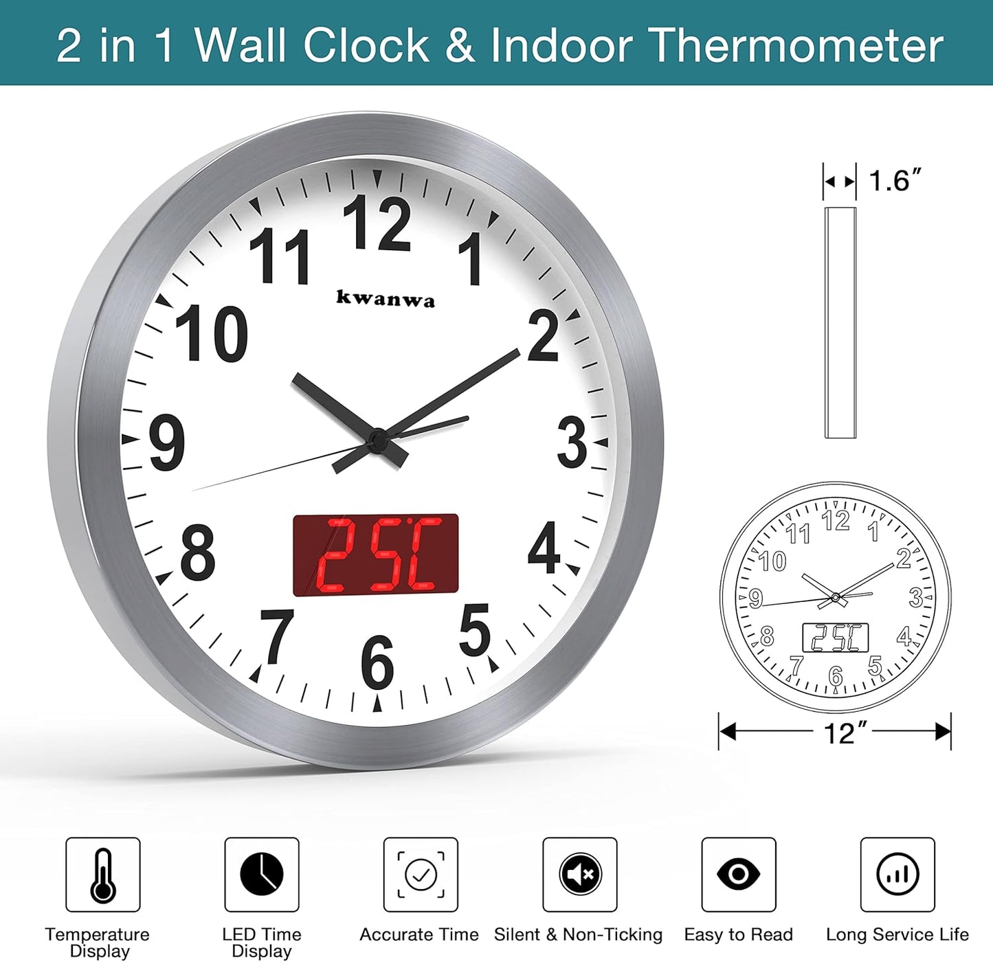Wall Clock, 12" Metal Quartz LED Wall Clock, 1.4'' Light Sensor Auto Digital LED Time Display or Temperature, Adjustable Brightness, Battery Operated, Non Ticking Silent Quiet Sweep Second Hand