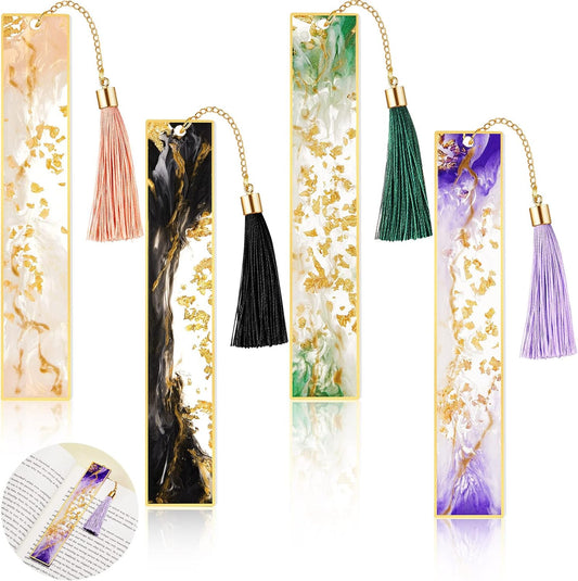 4 Pieces Resin Bookmarks Handmade Resin Gilt Bookmarks with Tassels Presents for Women Kids Students Teachers and Book Lovers School Home Reading(Bright Color)