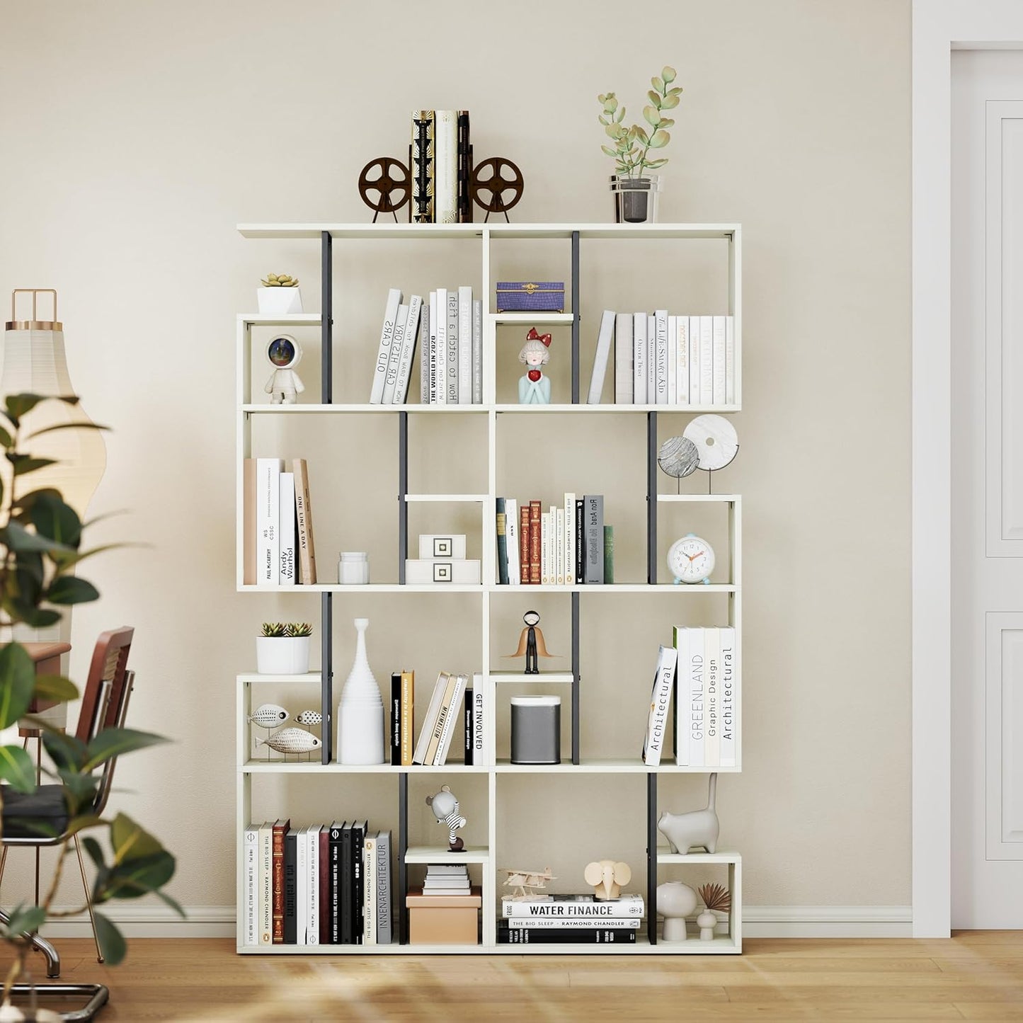 Manora 4 Tier Geometric Bookcase, S Shaped Bookshelf, Modern White Bookcase with Tall Display Shelves, Decorative Storage Shelf for Living Room and Bedroom