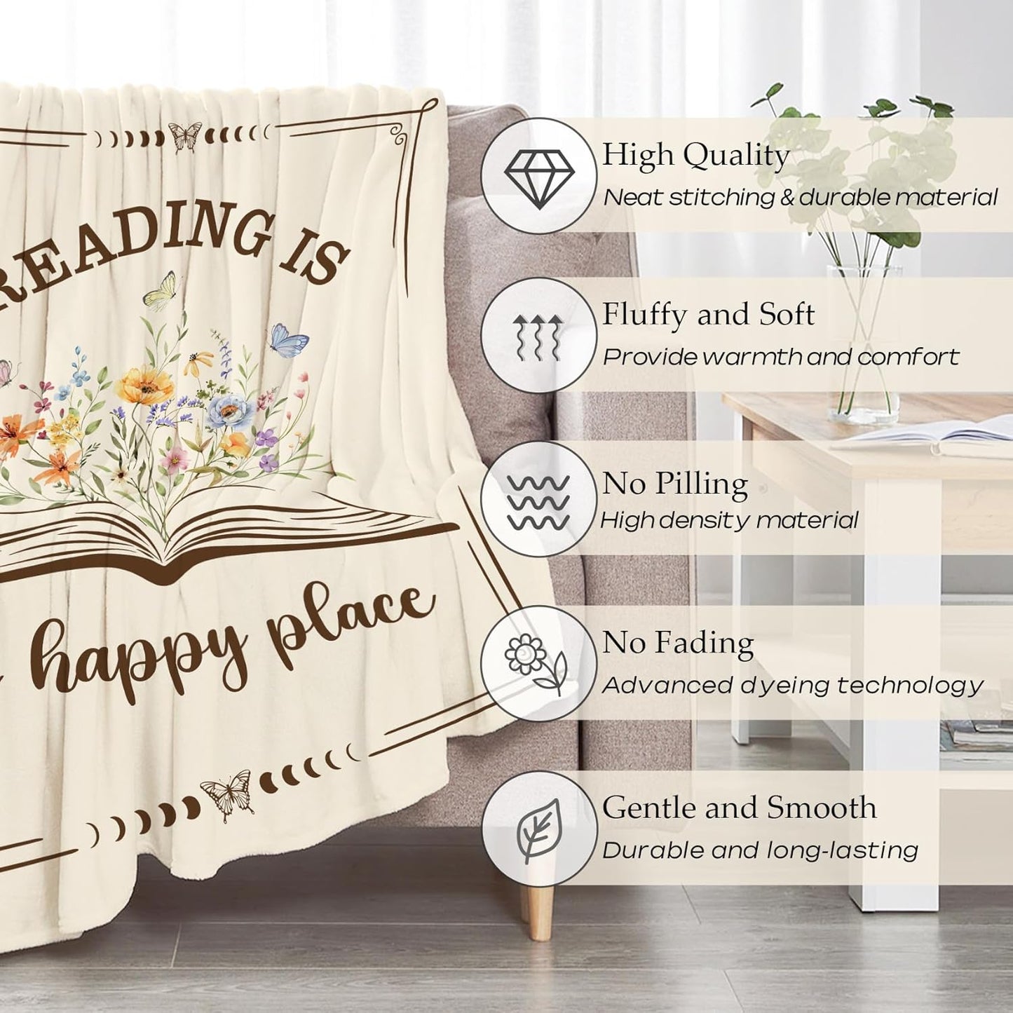 Book Lover Gifts for Women, Reading is My Happy Place Throw Blanket, Floral Book Butterfly Fleece Blanket for Reading Nook Couch, Cottagecore Librarian Teacher Gift 50x60 Inch