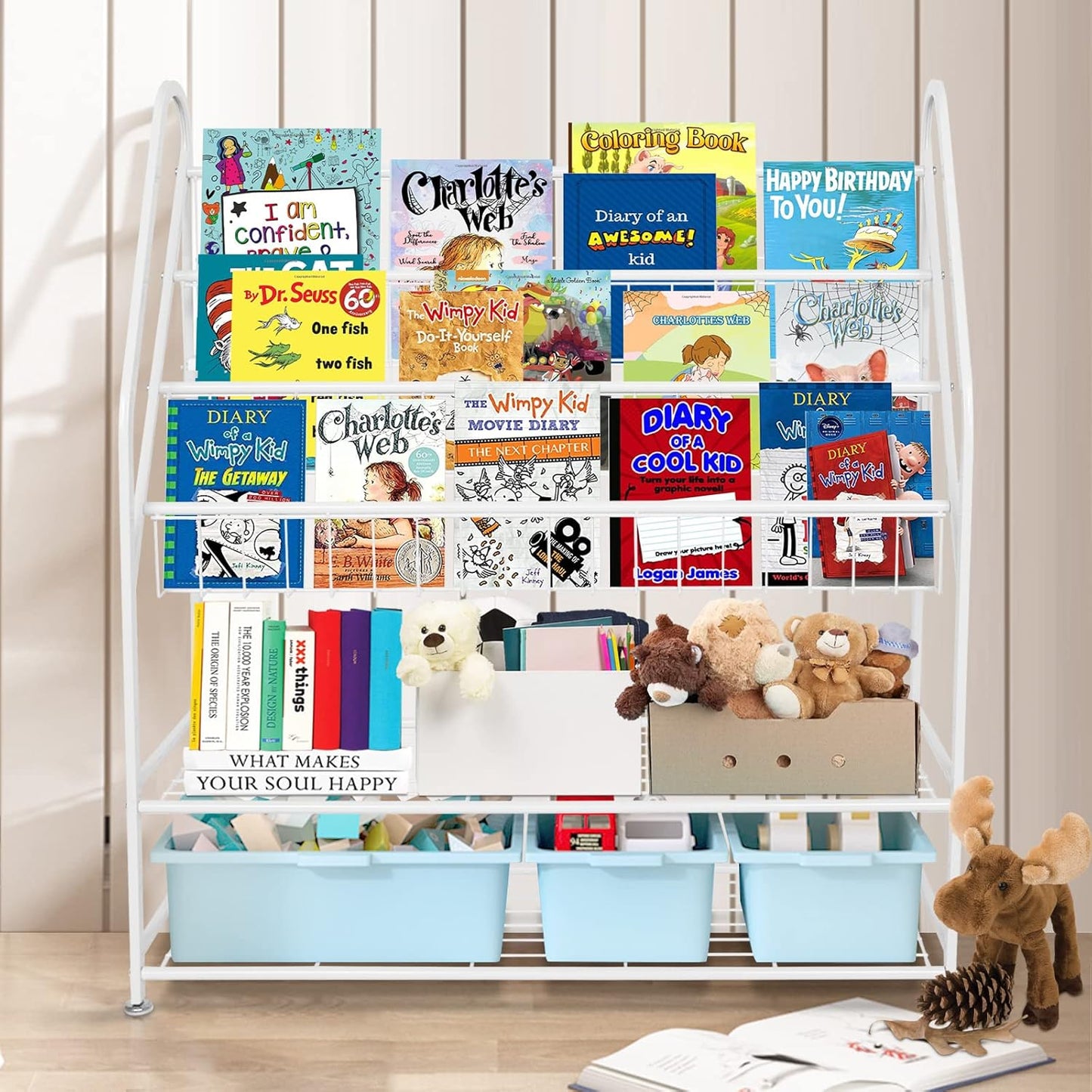 aboxoo Metal Kids Bookshelf Freestanding Bookcase for Children Room 32 in Large Toy Organizer Modern MinimalistWhite Stable Metel Bookstore Bedroom, Living, Library Book Unit Storage