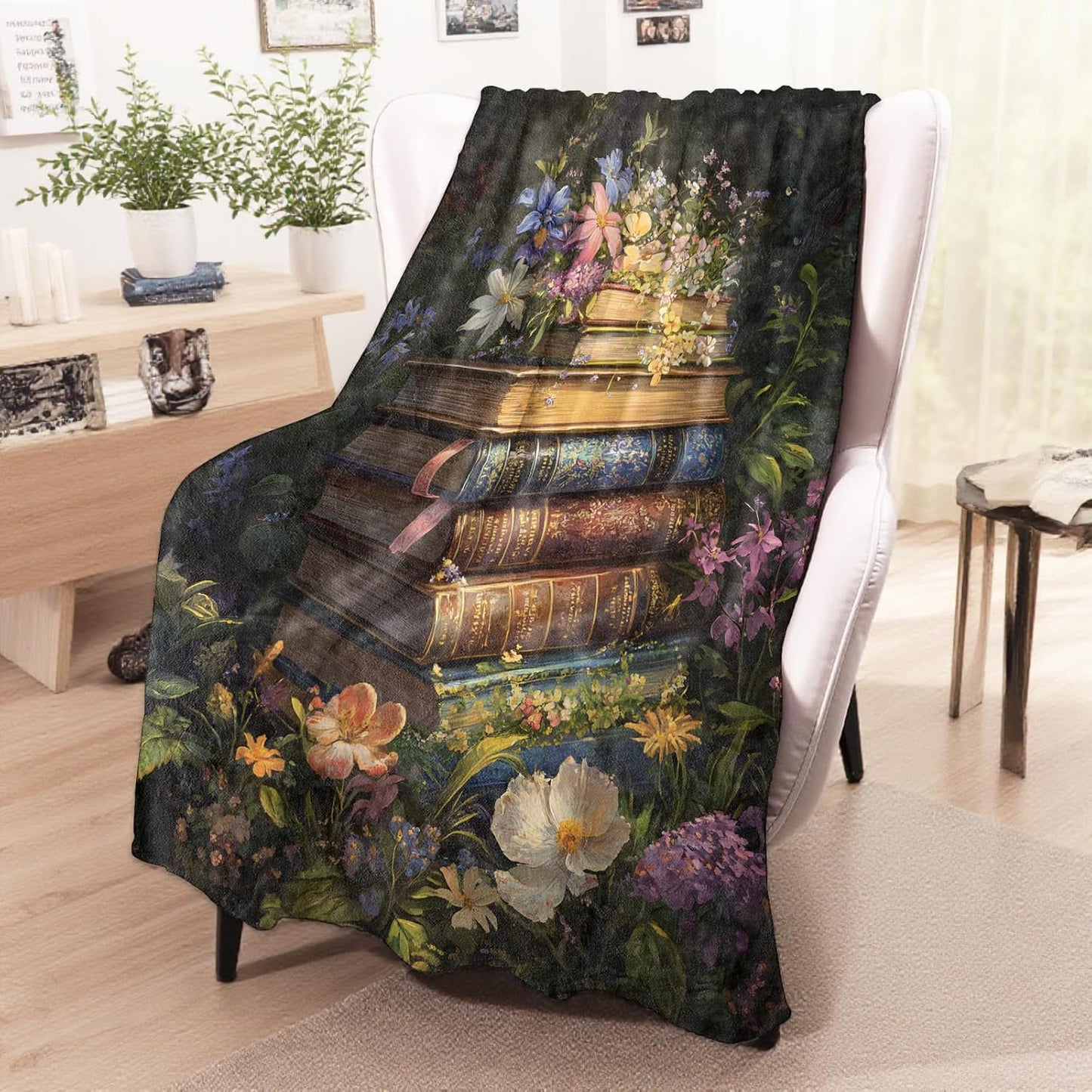 Vintage Book Blanket, Cozy Flannel Antique Books & Flowers Throw Blanket for Couch Outdoor, Plush Soft Lightweight Travel Blankets for Bed Decor and Gifts, for Adults Kids Women 50"x60"
