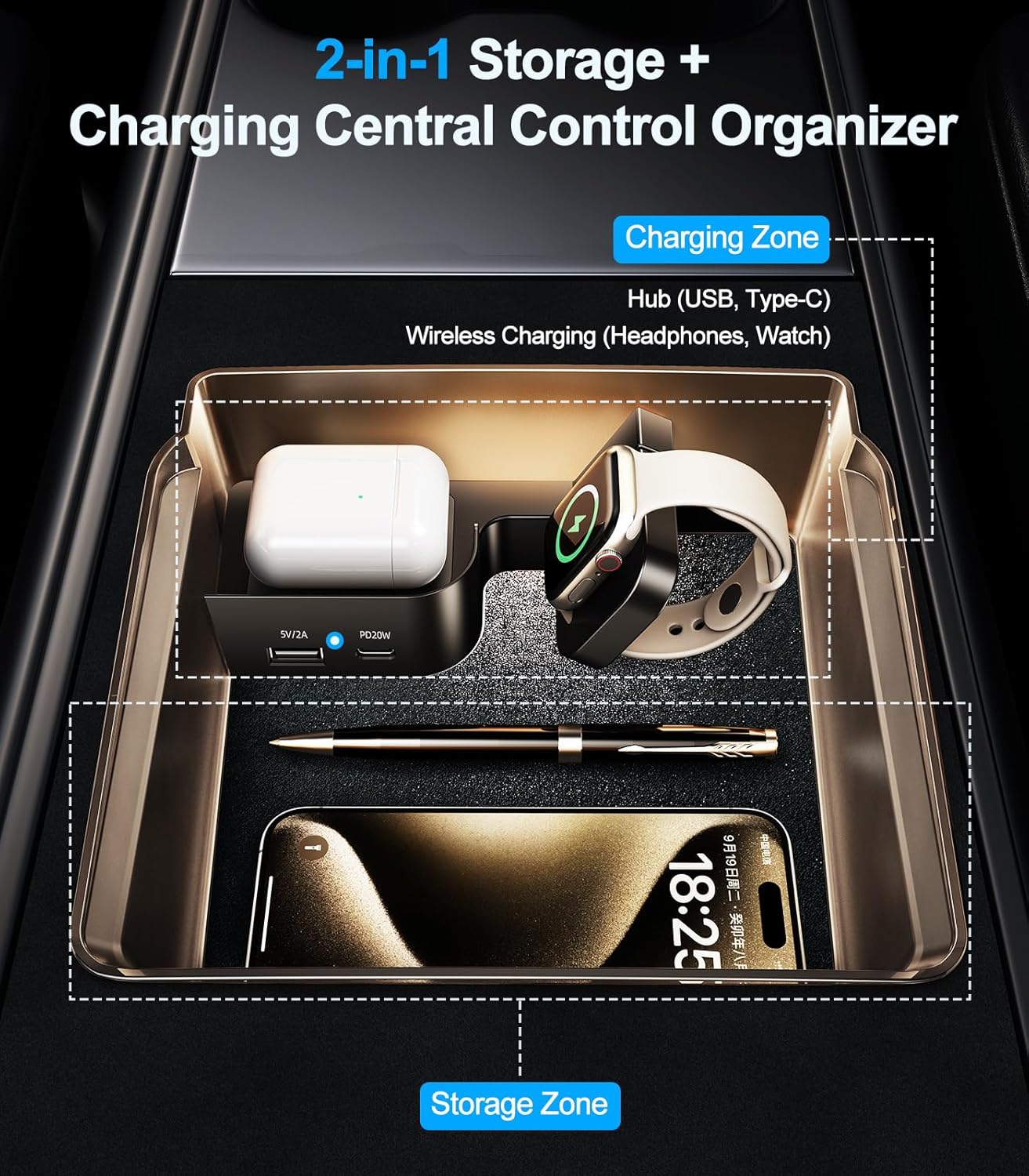 Tesla USB Hub Charger & Center Console Organize for Model 3 Highland 2024-2025 & New Model Y Juniper, 4-Port Docking Station for Phone/Headphones/Watch/Tablet Charging Storage Accessories