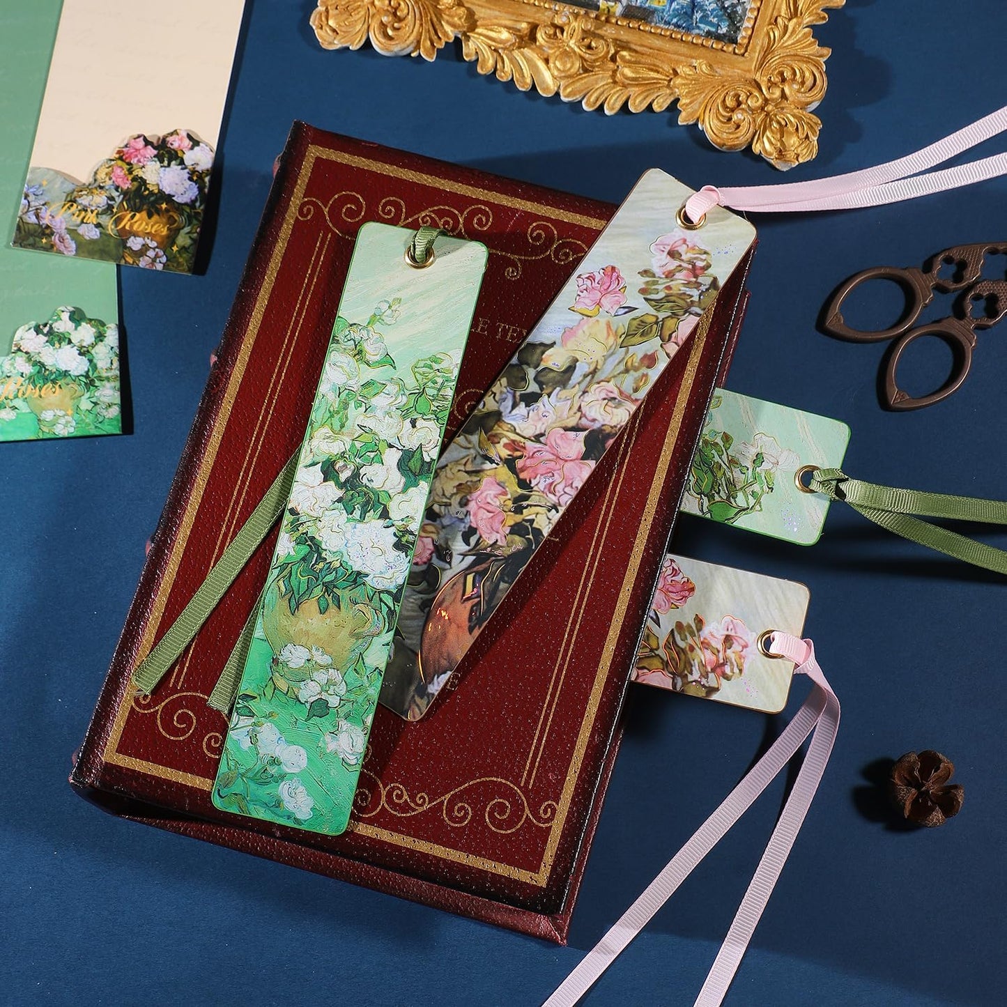 2Pcs Oil Painting Bookmarks for Women, Bookmarks Set for Book Lover, Book Marks for Reading, Vintage Book Marks for Kids Students Classroom Gift for Teacher Pink Roses & Roses