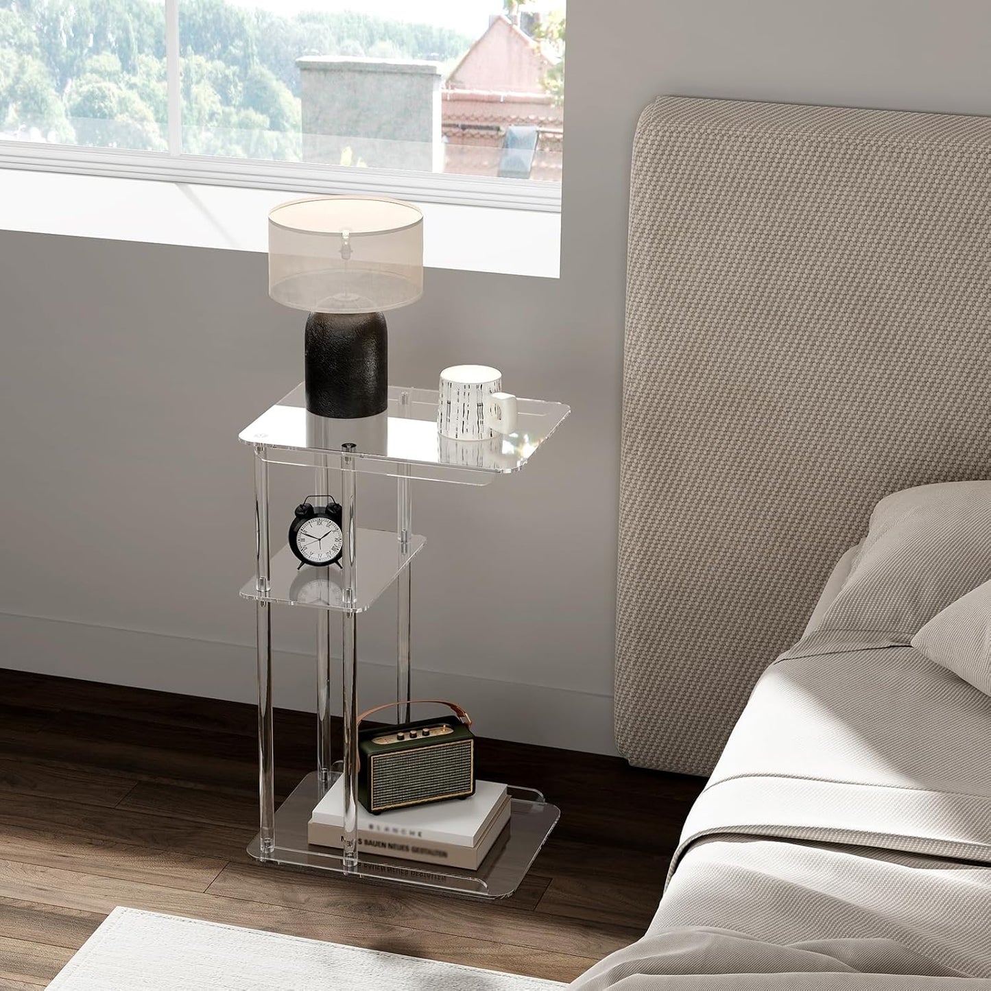 HMYHUM Clear Acrylic Side Table, C Shaped End Table for Sofa, Small Snack Tables for Living Room, Bedroom, Bathroom, 3 Tiers
