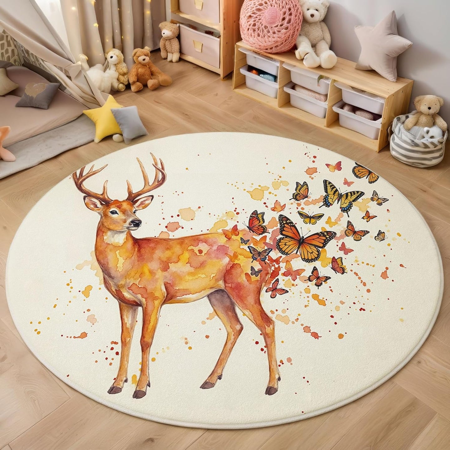 Round Rug for Kids Room, Watercolor Deer Butterfly Round Rugs 3Ft, Simple Animal Design Circle Rug, Beige Washable Circle Carpet for Living Room Bedroom, Non Slip Low Pile Thin Area Rugs
