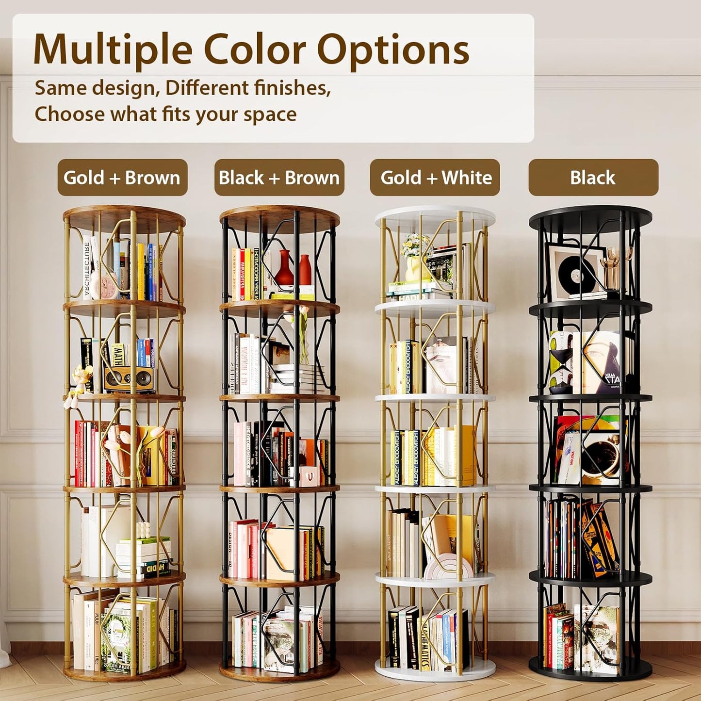 5 Tier Rotating Bookshelf Tower, Revolving Bookcase, 360° Round Spinning Book Shelf, Narrow Swivel Bookshelves Vertical Turning Corner Bookshelf Organizer for Bedroom, Living Room, Black