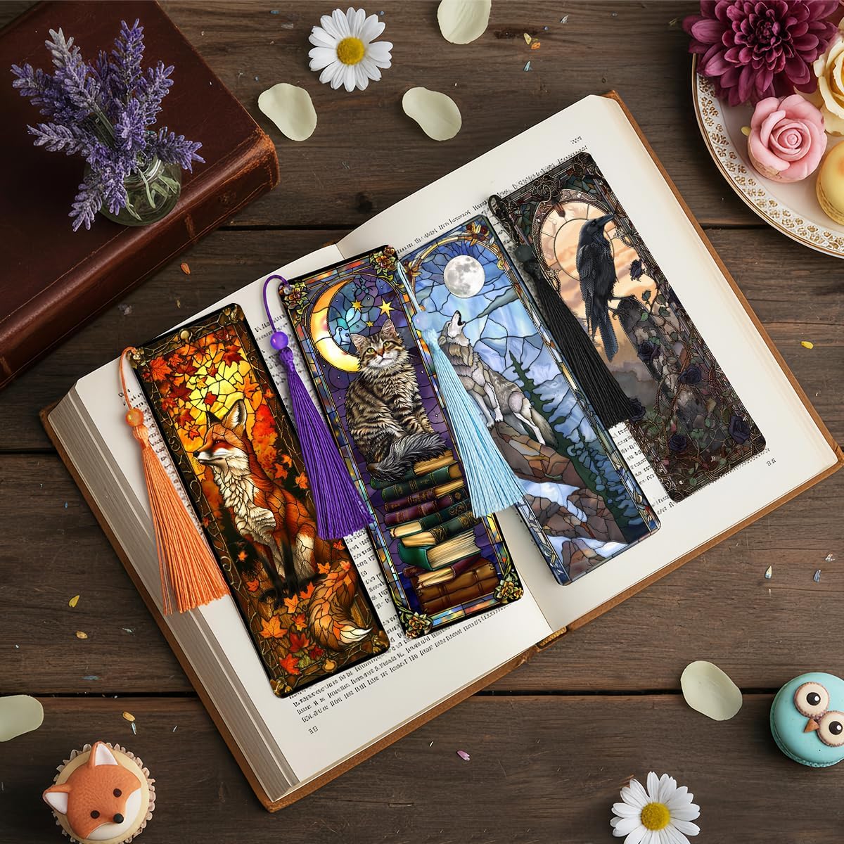 4 Pcs Fantasy Animal Bookmarks Gifts for Reading Women, Stained Glass Transparent PVC Book Marks with Tassels, Cute Black Cat Design Gift, Cool Book Accessories for Book Lovers Bookish