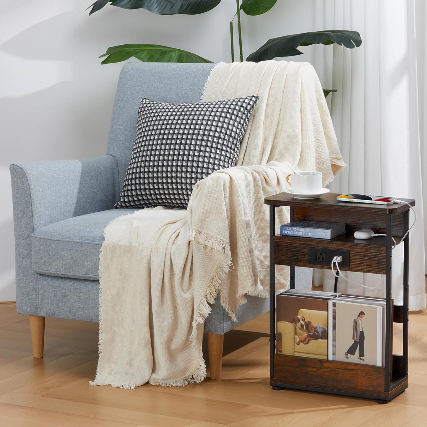 Narrow Side Table With Charging Station, 3-Tier End Table with 2 USB Ports & Power Outlets,Thin Sofa Side Table for Narrow and Small Spaces, Bedside Table Nightstand for Living Room,Rustic Brown
