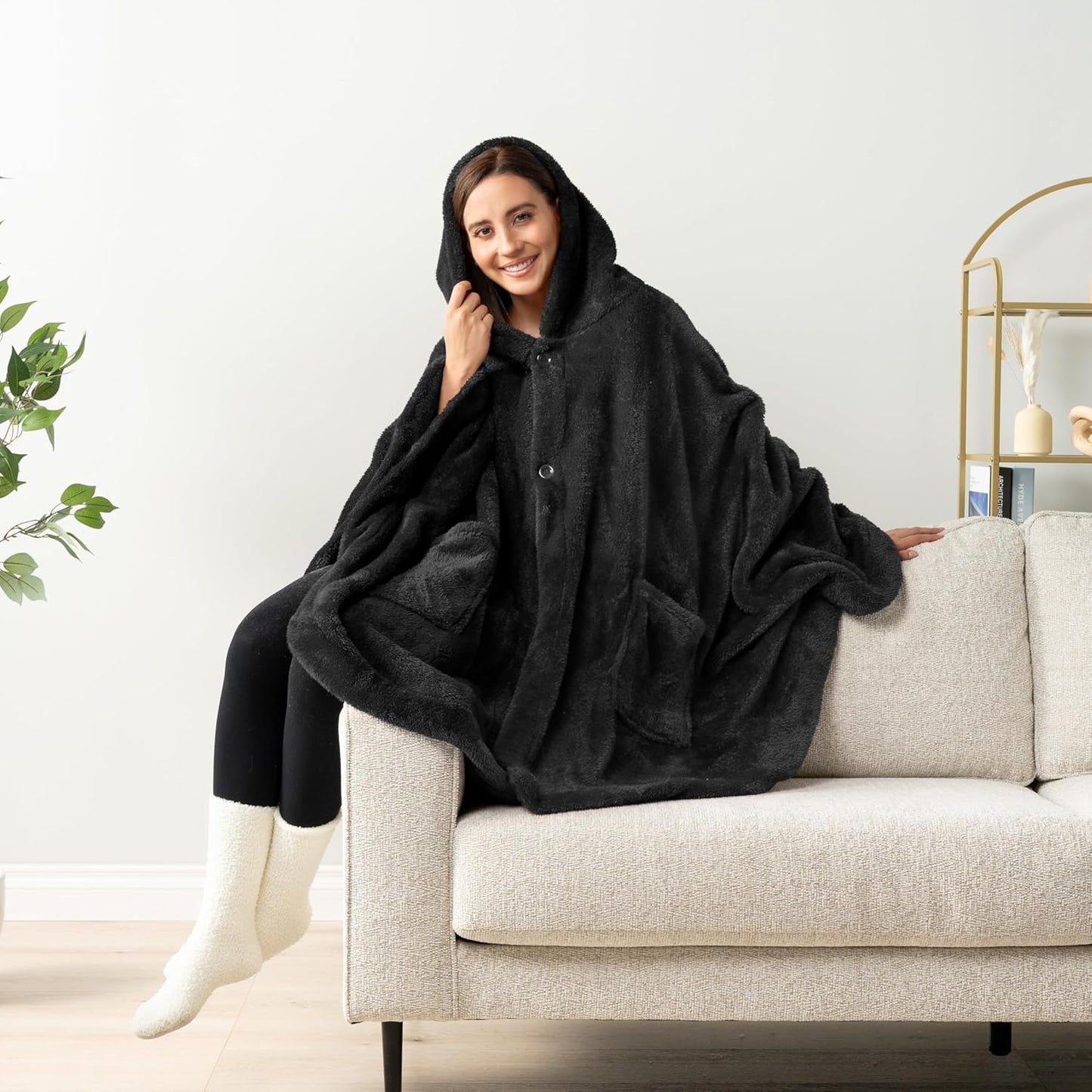PAVILIA Angel Wrap Hooded Blanket Poncho, Wearable Blanket Throw Wrap Poncho for Women Adult, Cozy Fluffy Sherpa Shawl Cape