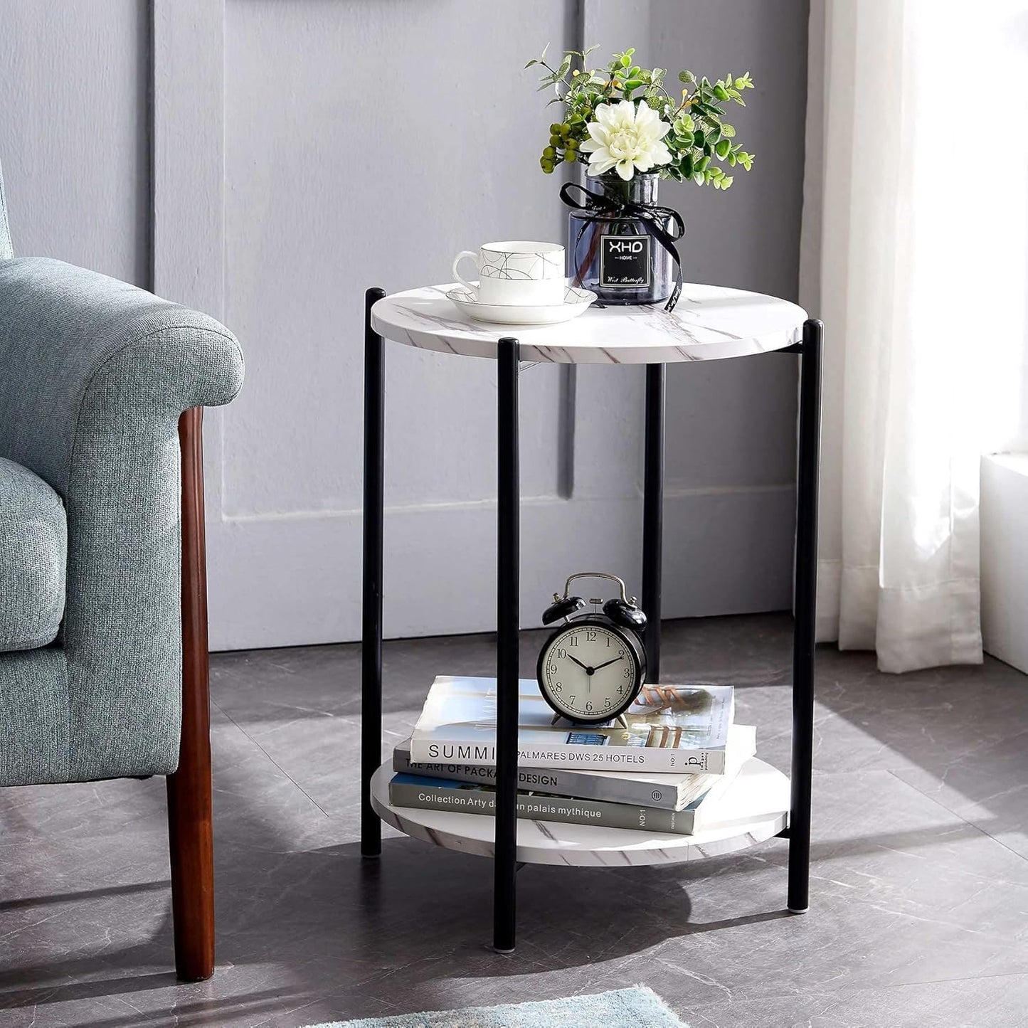 Faux Marble End Table White Black Side Table Marble Nightstand for Living Room or Bedroom Modern Accent Table with Black Metal Frame (1 pcs Black, Round)