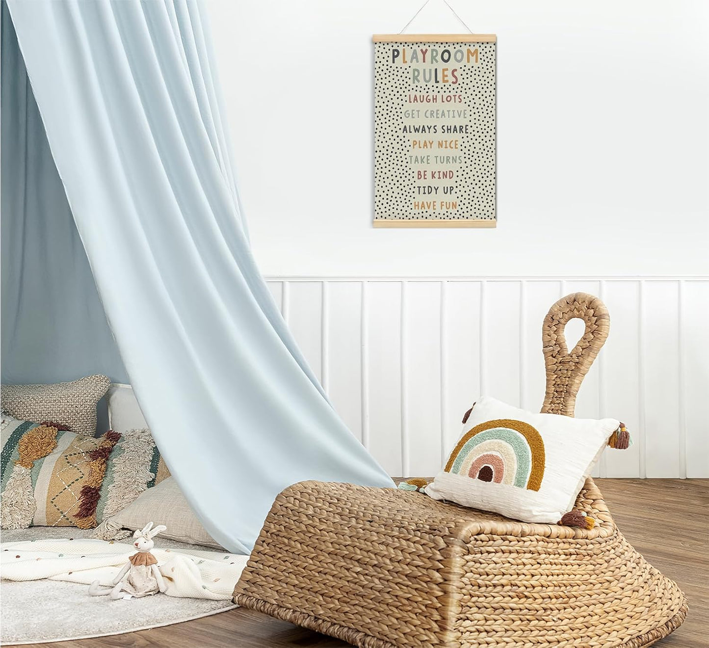 Playroom Kids Tollder Room Wall Decor, Play Room Rules Wall Decor for Kids Play Game Room Bedroom Nursery Home School Playroom Essentials, Canvas Hanging Banner Wood Poster Frameds,16x24 Inch