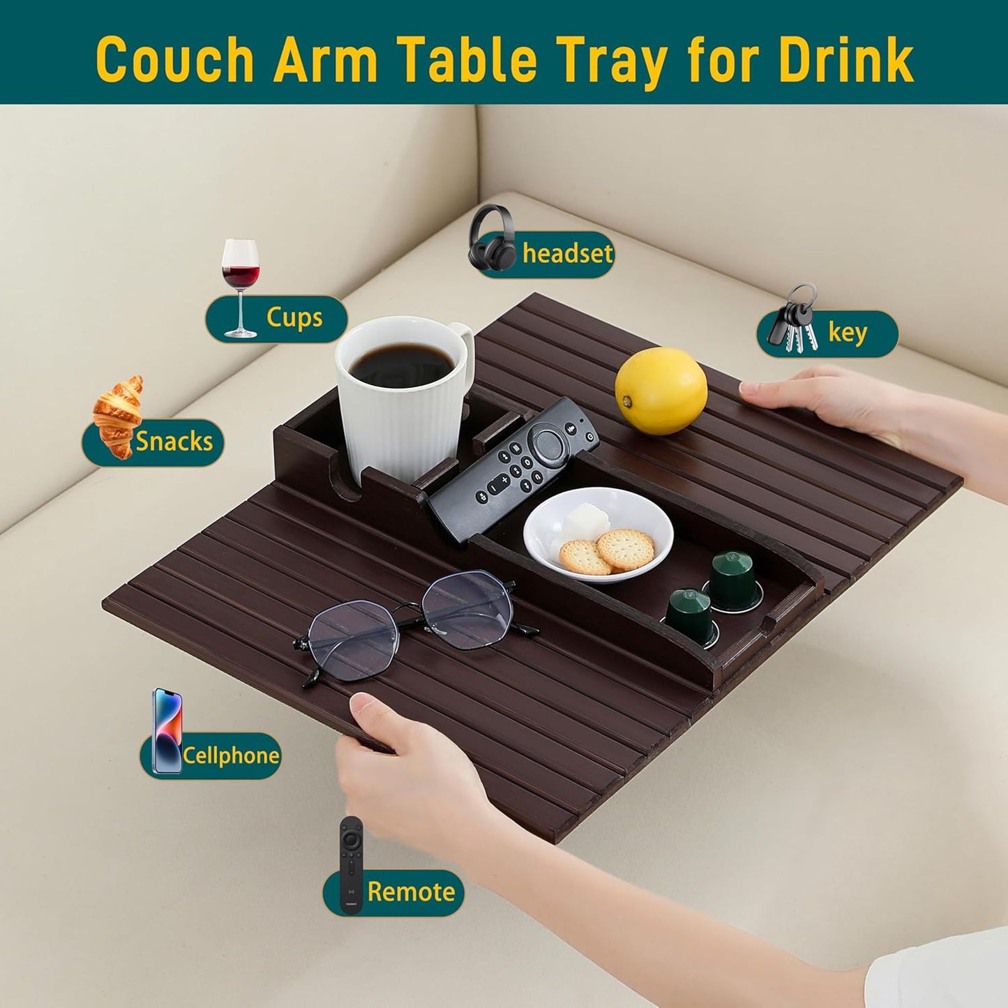 Bamboo Couch Cup Holder Arm Tray Table，Foldable Couch Drink Holder Armrest Table，Sofa Arm Rest Tray，Flexible Arm Chair Table Recliners for Drink,Cups, Snacks, Phone, Remote (Mahogany)