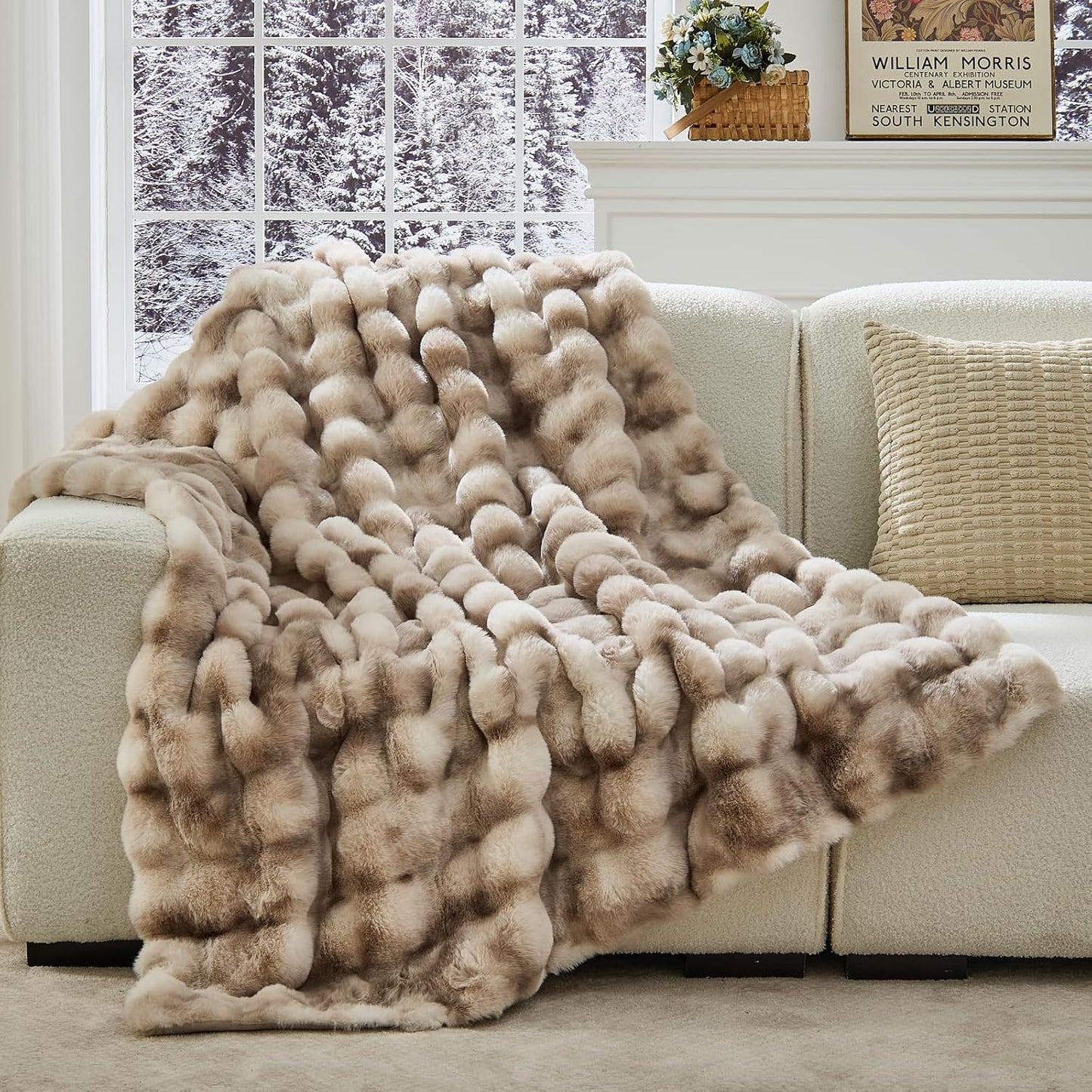 Faux Fur Throw Blanket 50x60 Inches, 800GSM Soft Plush Thick Bubble Blanket for Couch and Bed, Fuzzy Soft Tie-Dye Brown Faux Rabbit Fur Blanket for Sofa Living Room Bedroom