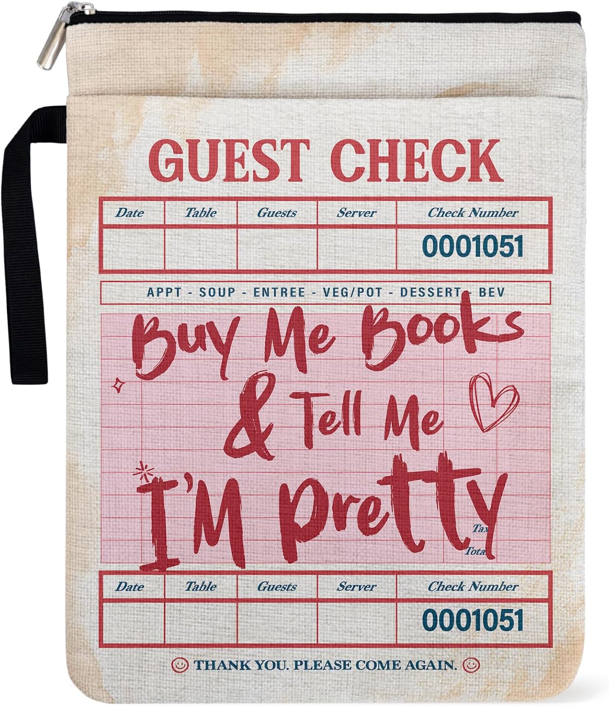 Vintage Guest Check Pattern Book Sleeve for Book Club Gifts with Zipper and Handle, Front Pocket for Travel Essentials, Book Lovers Gifts for Commute & Vacation, Buy Me Books & Tell Me I am Pretty