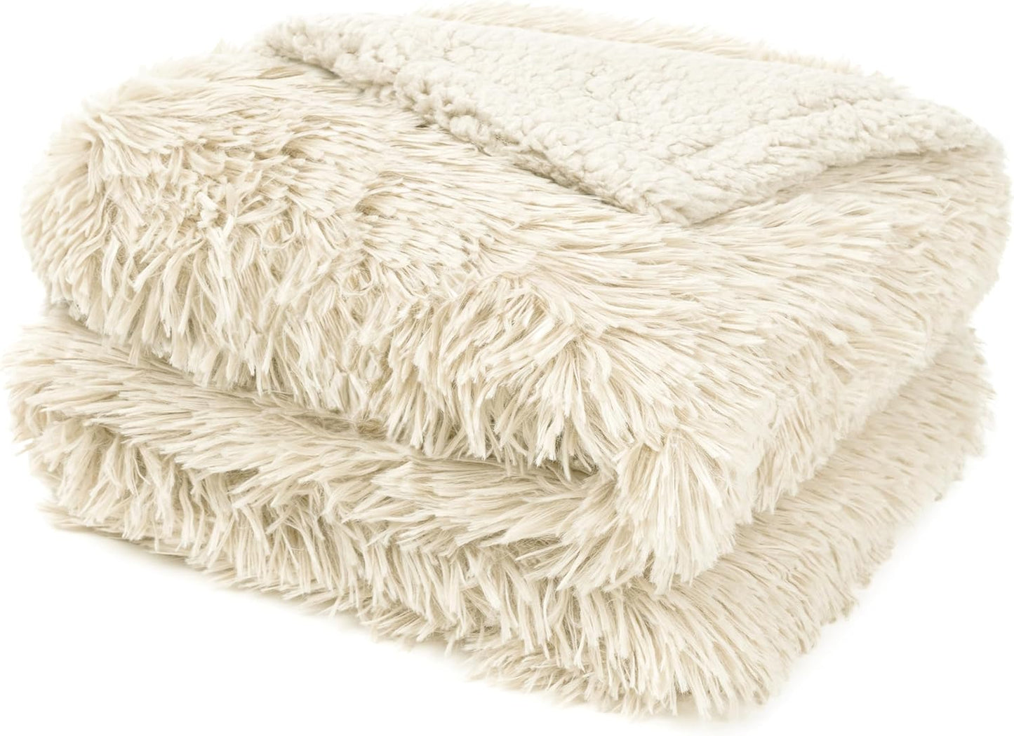 Pavilia Cream Beige Fluffy Throw, Twin Bed, Fuzzy Blanket for Women Men, Super Soft Thick Faux Fur Sherpa Blanket Throw, 60x80