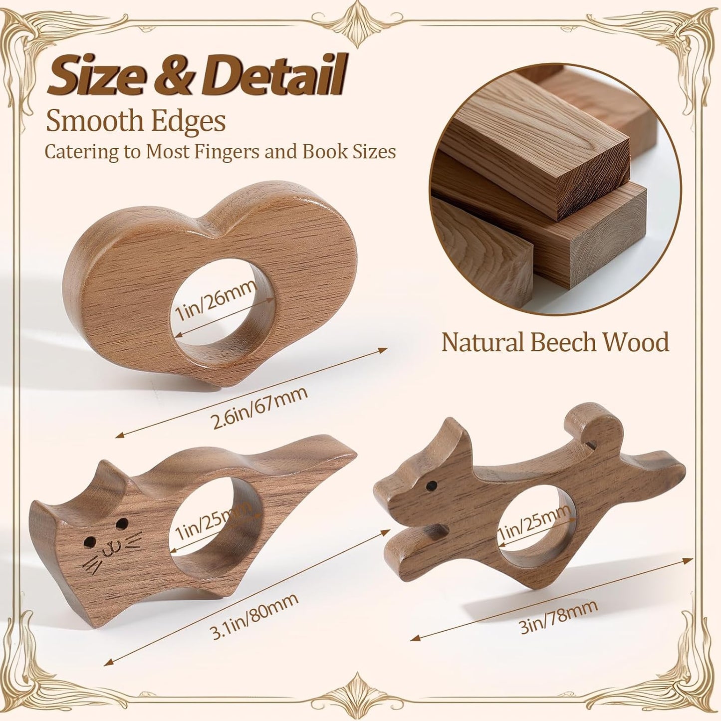 3Pcs Walnut Book Thumb Page Holder Set Cat Dog Bird Bat Bookmark Heart Beard Wood Thumb Bookmarks Christmas Gifts for Women Men Readers Writer Book Lover (PH0678-Heart+Cat+Dog)