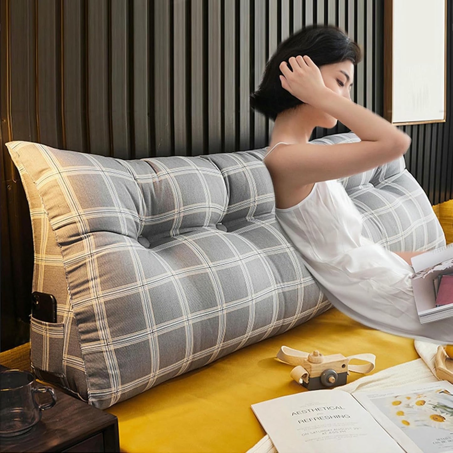 Triangular Headboard Pillow,Cute Triangle Cushion Reading Pillow,Large Bolster Positioning Support Removable Wedge Pillow for Daybed Bunk Bed Dorm~/
