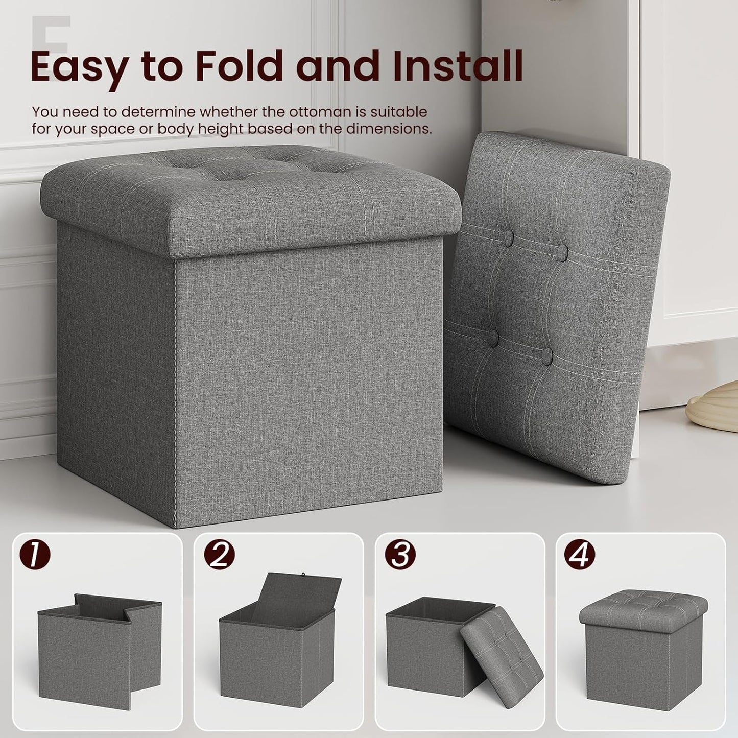 YOUDENOVA 15 inches Storage Ottoman Cube, Foldable Storage Boxes, Padded Seat for Dorm Living Room, Support 300lbs, Line Fabric Grey