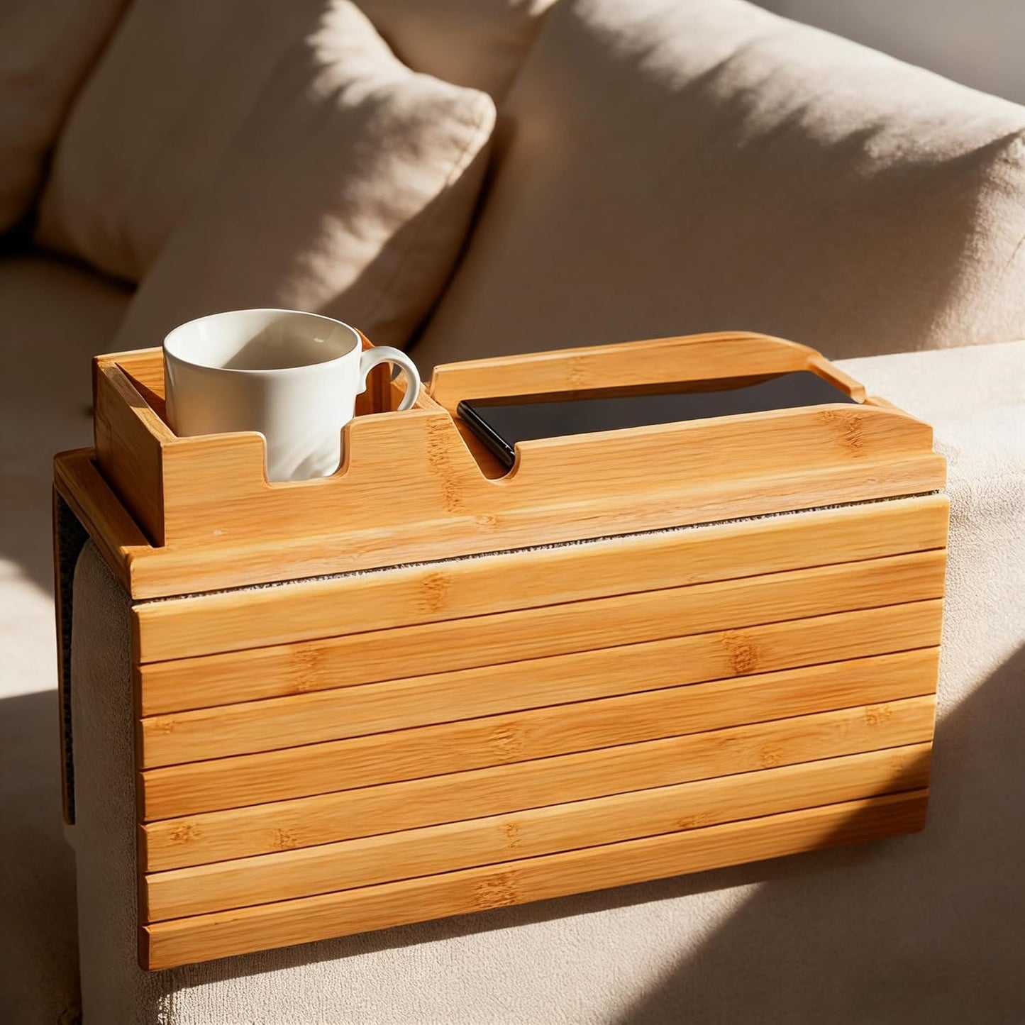 Bamboo Couch Armrest Table,2 in 1 Design Foldable Anti-Slip Bamboo Couch Tray and Sofa Cup Holder for Cups, Snacks, Remote Controls and Phones