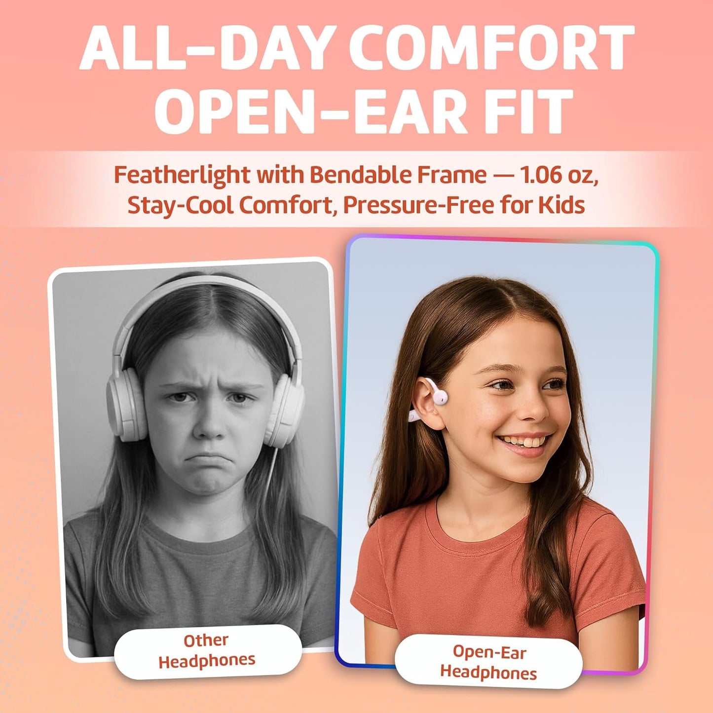 Kids Bluetooth Headphones, Air Conduction Open-Ear Headphones, Mic/Touch, 85dB Limit, Parental Control, Clear Audio, Lightweight, Rugged & Durable, IP54/20H, Earbuds for School/Travel - Red Yellow