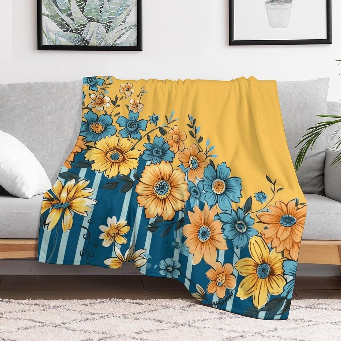 Yellow and Blue Floral Throw Blanket for Couch Super Soft Warm Lightweight Throw Blankets Cozy Flannel Bed Blanket Cute Decorative Blankets for All Seasons Home Decor Gift 60"*80"（150 * 200cm）