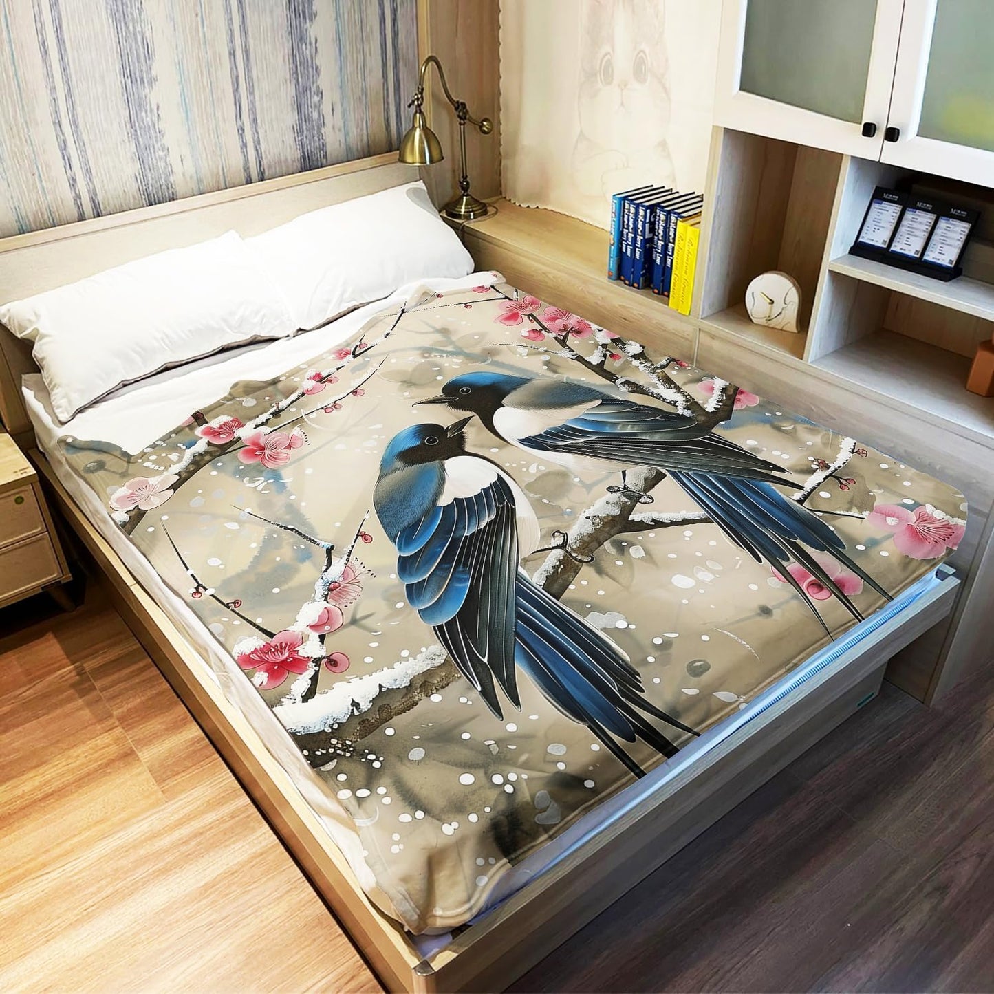 Plum Blossoms & Magpies Blanket, Traditional Art Home Decor, Super Soft Fleece Throw Blankets for Couch Sofa Bed, 50" x 60"