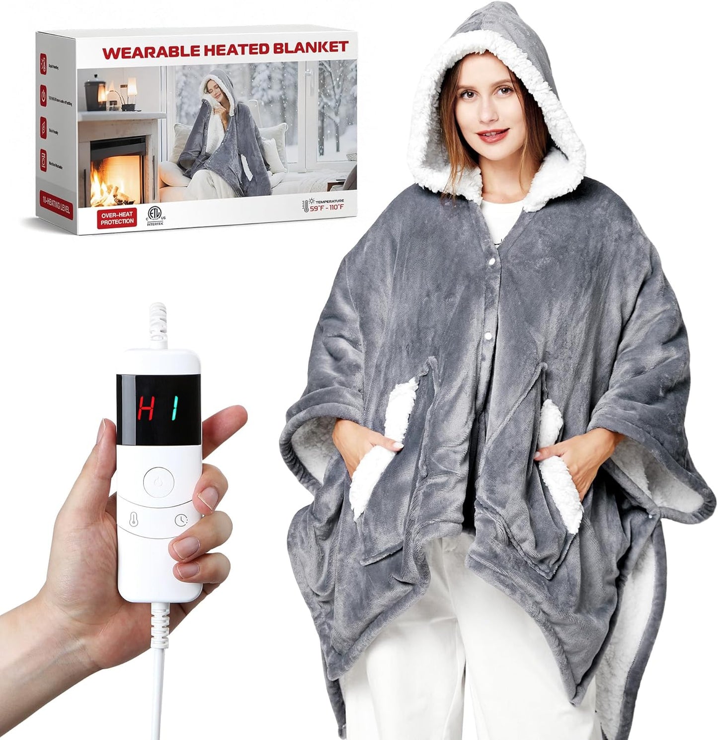 UNIKOME Wearable Heated Throw Blanket Electric Shawl，Christmas Birthday Gifts for Grandma,Mom,Elderly Women,Heated Robe Hoodie with 10 Heating Levels & 1-8 Hours Time Settings,50 x 60 Inch, Grey