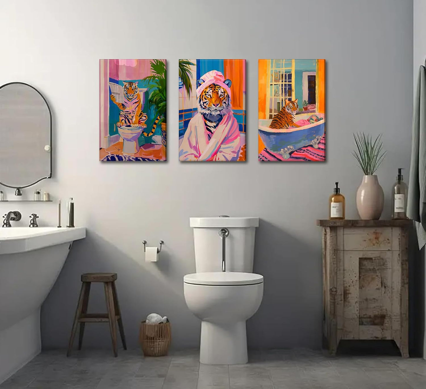 3 pcs Funny Bathroom Tiger Wall Art Eclectic Pink Kitsch Dopamine Aesthetic Animal Pictures Wall Decor Tiger in Bathtub Fashion Poster Print Artwork for Bathroom Toilet Furniture Decoration