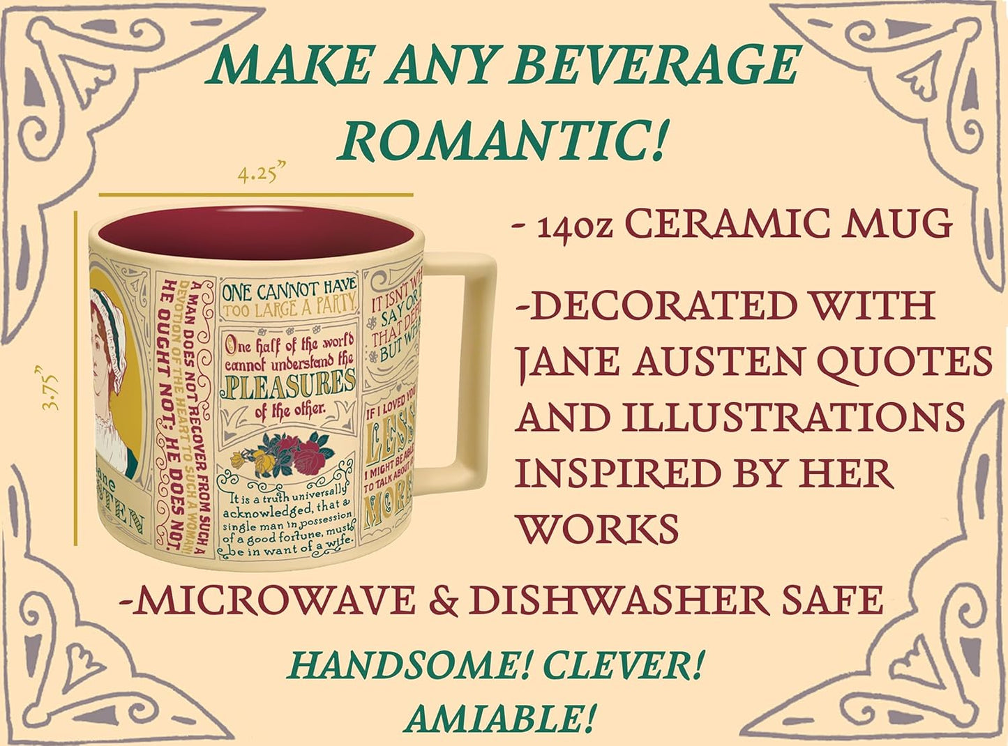 The Unemployed Philosophers Guild Jane Austen Coffee Mug - Austen's Most Famous Quotes and Depictions, Comes in a Fun Gift Box, 14 oz