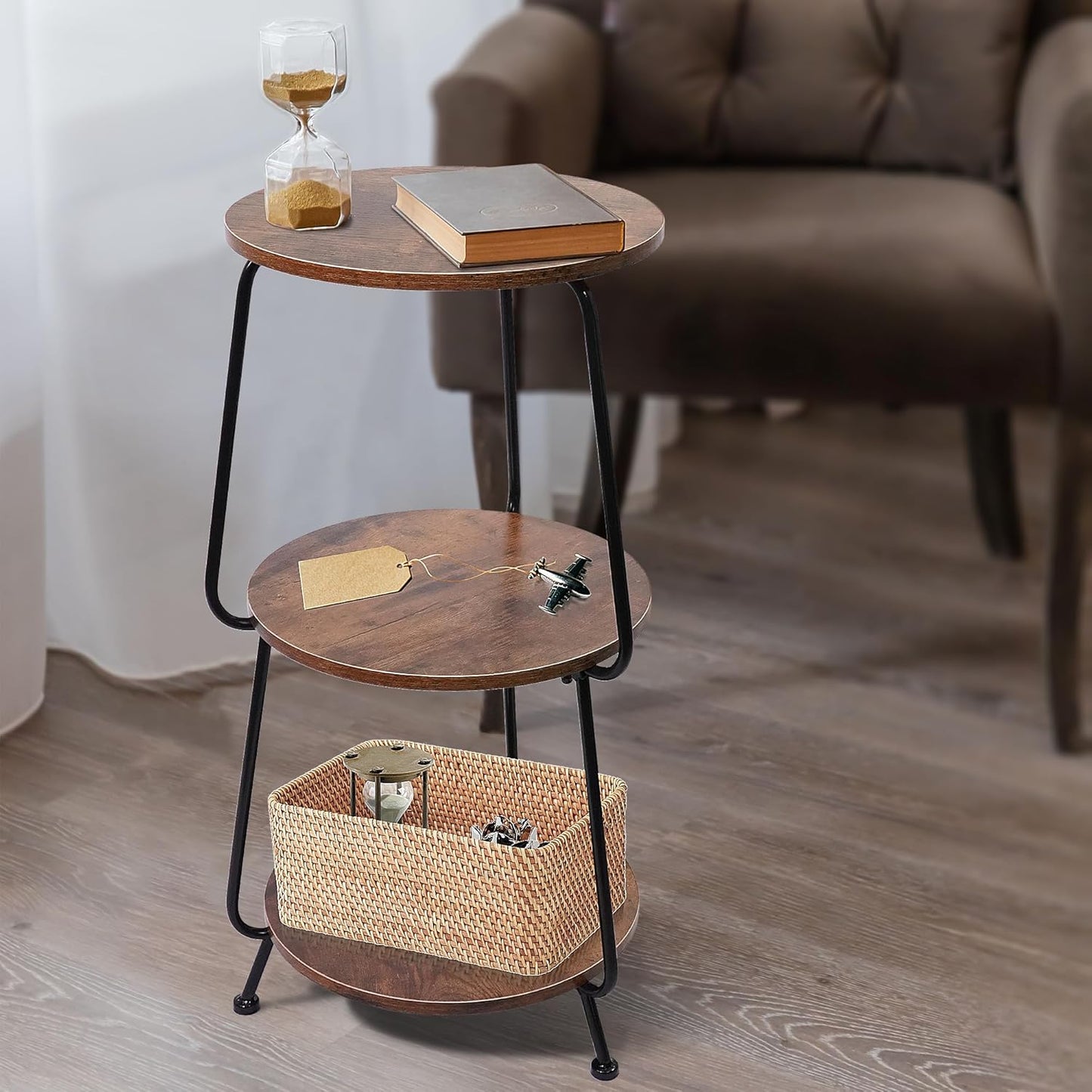 Small Round Side Table, 3 Tier Circular Narrow End Table with Storage Shelf, Round Corner Coffee Table Nightstand, Compact Tea Sofa Table for Living Room Bedroom Small Spaces, Rustic, Vintage, Brown