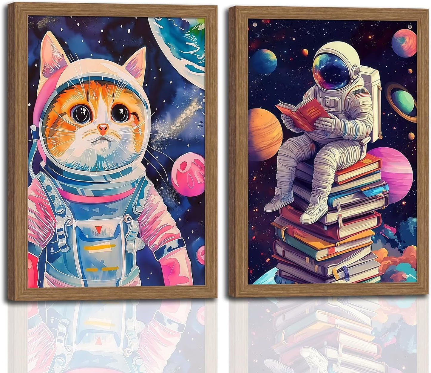 2Pcs Framed wooden Funny Cat Wall Art Astronaut Posters for Kids, Whimsical Cat In Space Canvas Printing Poster for Room Aesthetic, Colorful Kids and Nursery Art 12x16in