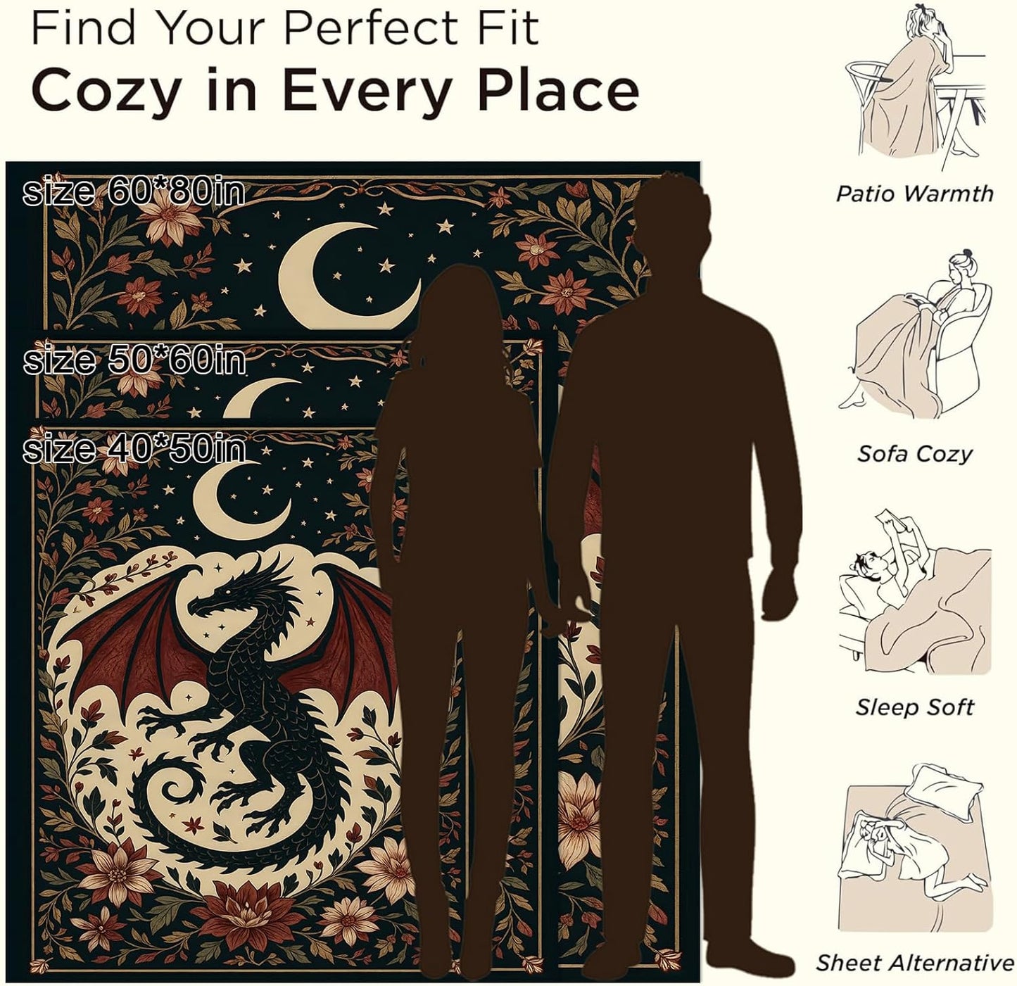 Dragon Moon Blanket Gifts for Boys Girls Kids, Gothic Fantasy Dragon Warm Soft Flannel Throw Blankets for Bedroom, Travel, Sofa, Room, Birthday Christmas Spring Decor, 50x60 in